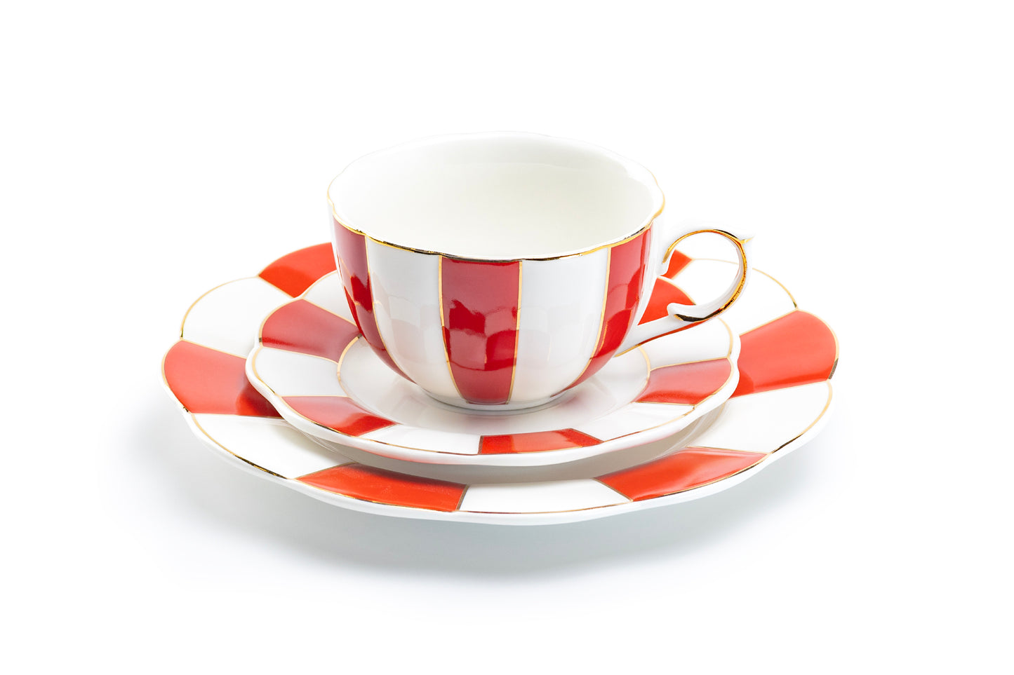 Red and White Scallop Fine Porcelain Tea Cup and Saucer