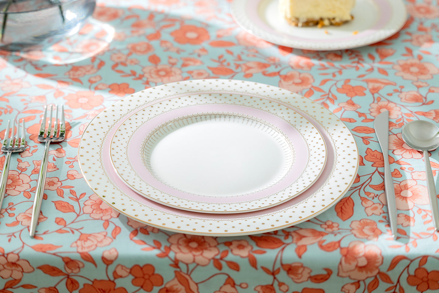 Pink Stripe with Gold Dots Fine Porcelain Dessert / Dinner Plate