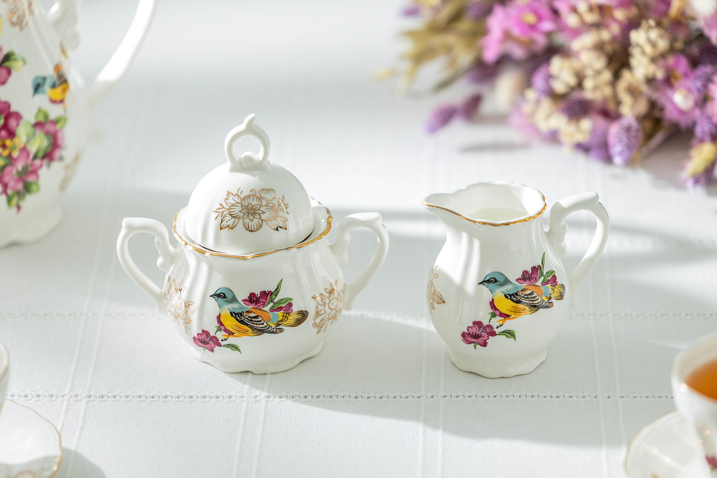 Grace Teaware Spring Flowers with Bird Fine Porcelain Sugar & Creamer Set