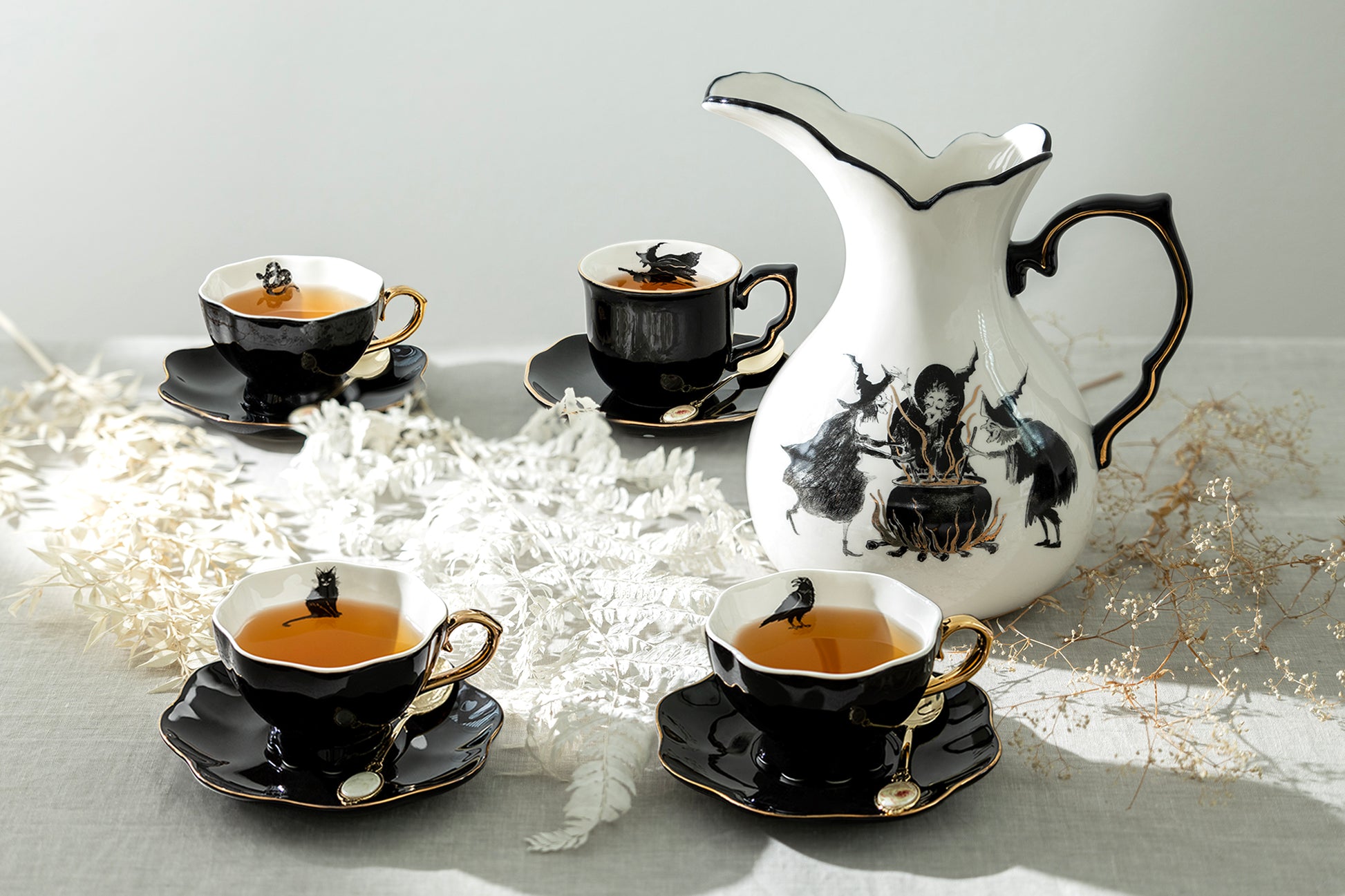 Potter's Studio Witches Brew Pitcher + 4 Assorted Halloween Tea Cup and Saucer Pitcher Set black cat raven crow snake witch tea cups