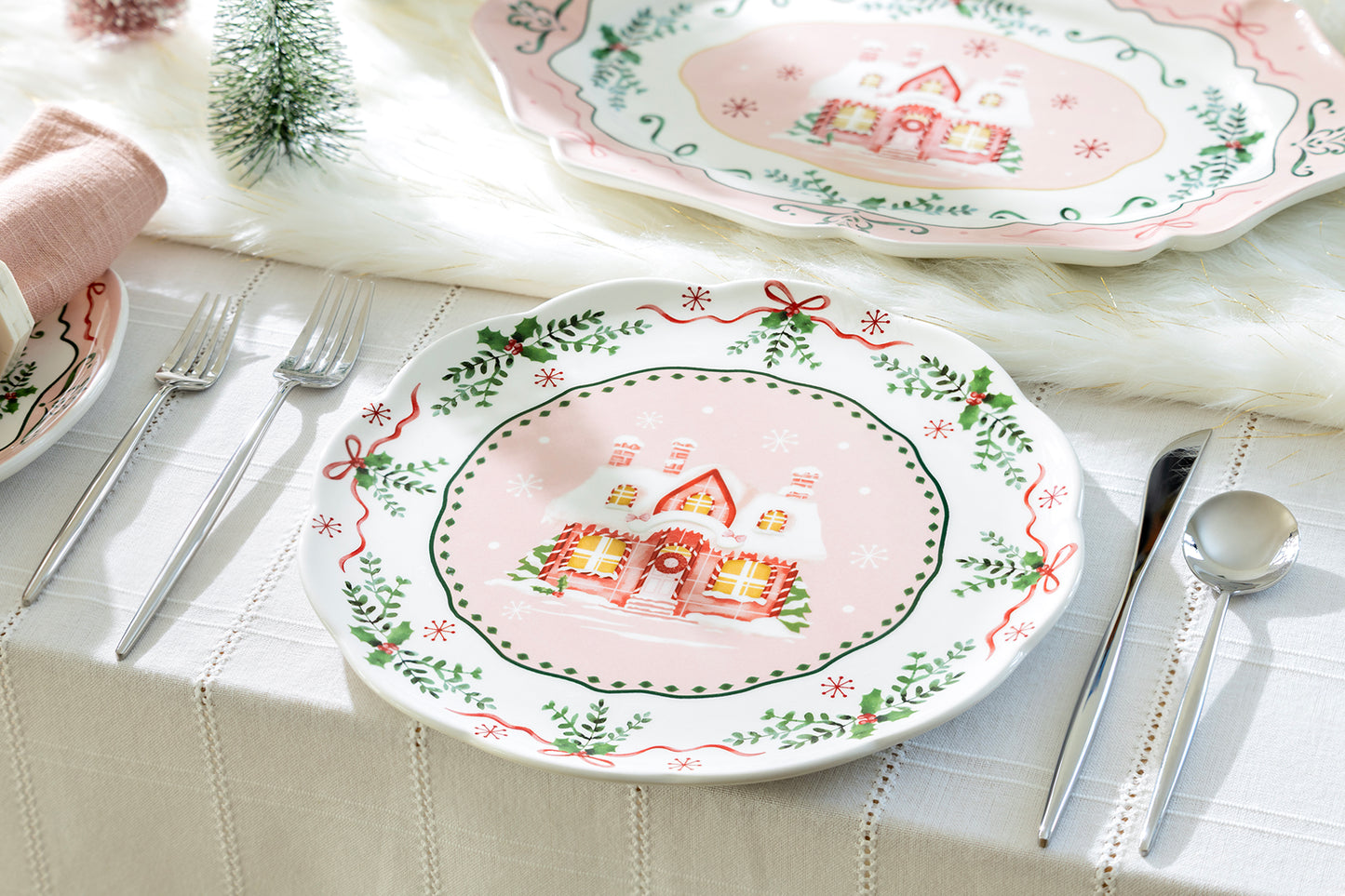 Christmas House Pink Dessert/Dinner Plate