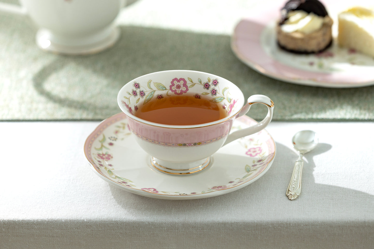 Pink Corn Flowers with Pink Rim Fine Porcelain Tea Cup and Saucer