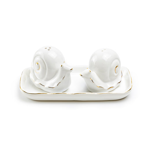 White Gold Snails Ceramic Salt and Pepper Shaker Set