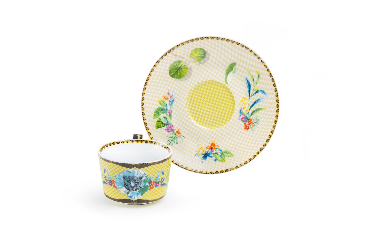 Summer Savanna Leopard Fine Porcelain 3oz Demitasse Cup and Saucer Set of 2 with Gift Box