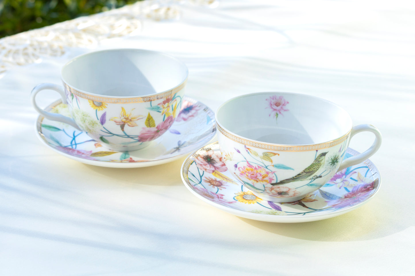 Grace Teaware Spring Flowers with Bird Fine Porcelain Latte Cup and Saucer set of 2