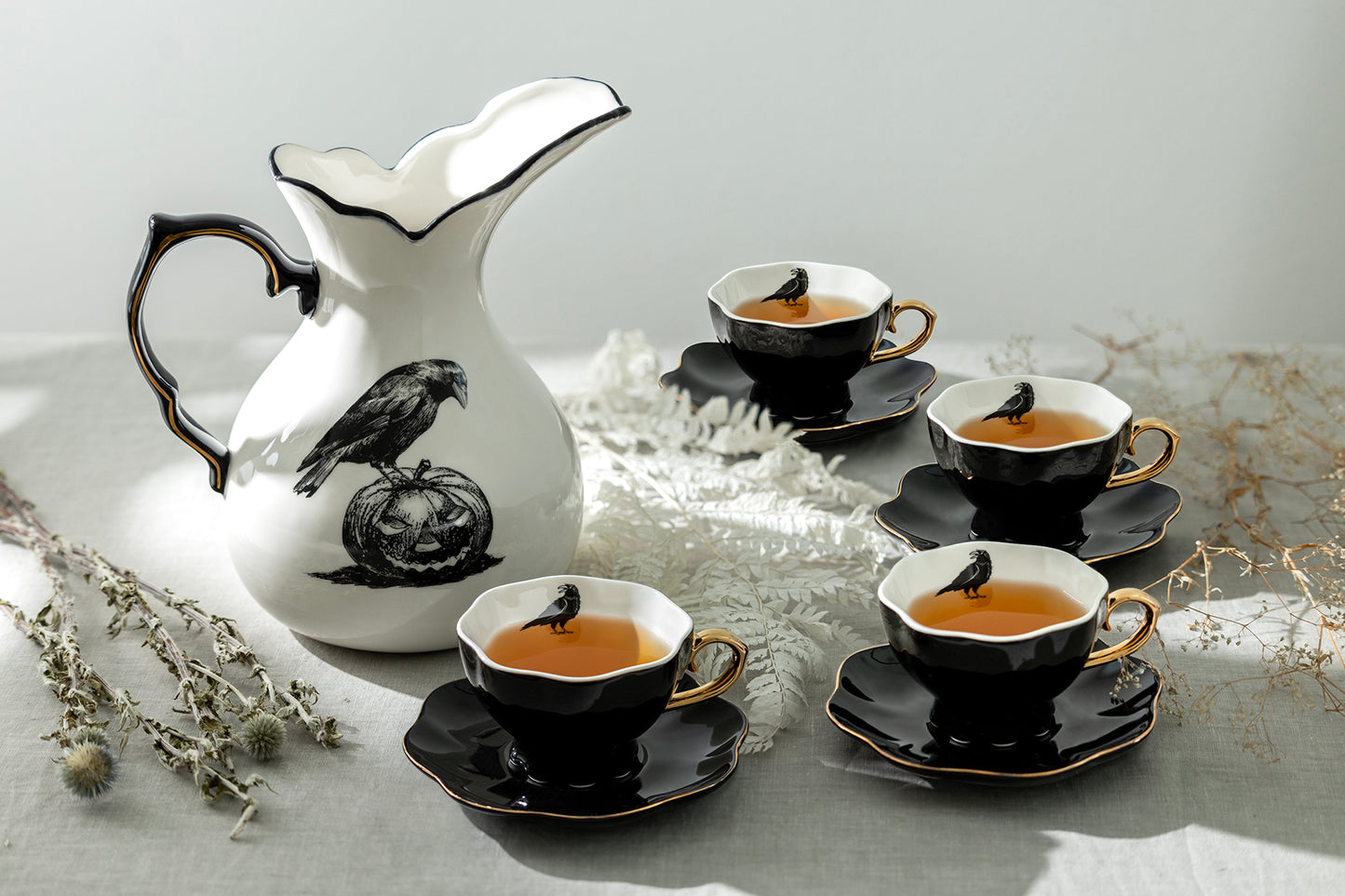 Potter's Studio Witches Brew Pitcher + 4 Raven Halloween Tea Cup and Saucer Sets