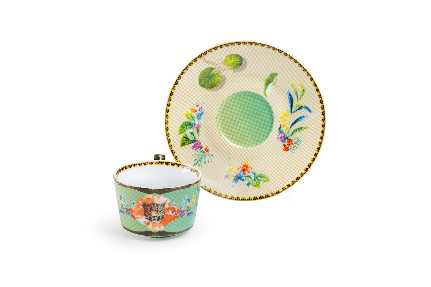 Summer Savanna Leopard Fine Porcelain 3oz Demitasse Cup and Saucer Set of 2 with Gift Box