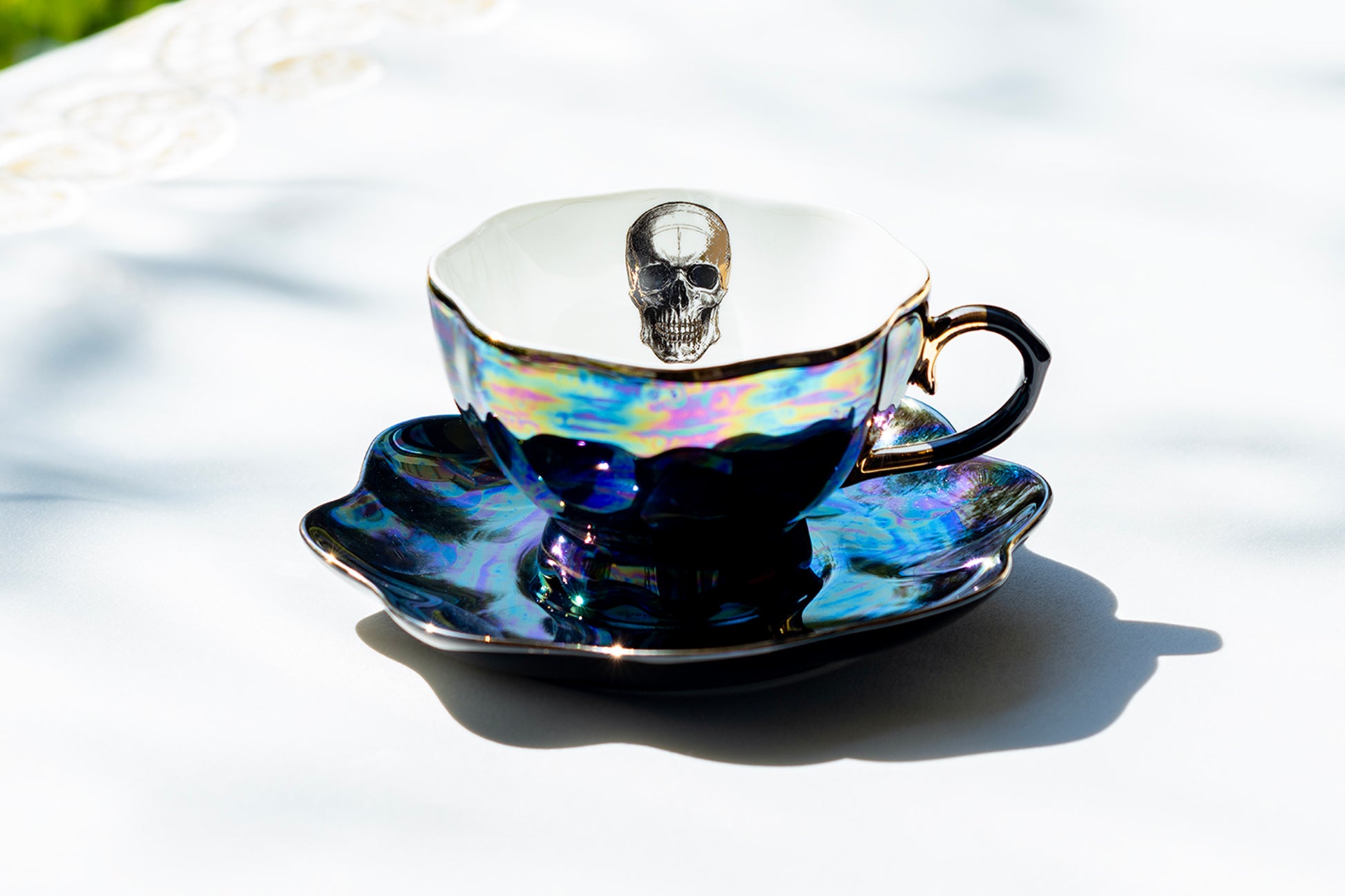 Grace Teaware Skull Black Gold Luster Fine Porcelain Tea Cup and Saucer set of 1