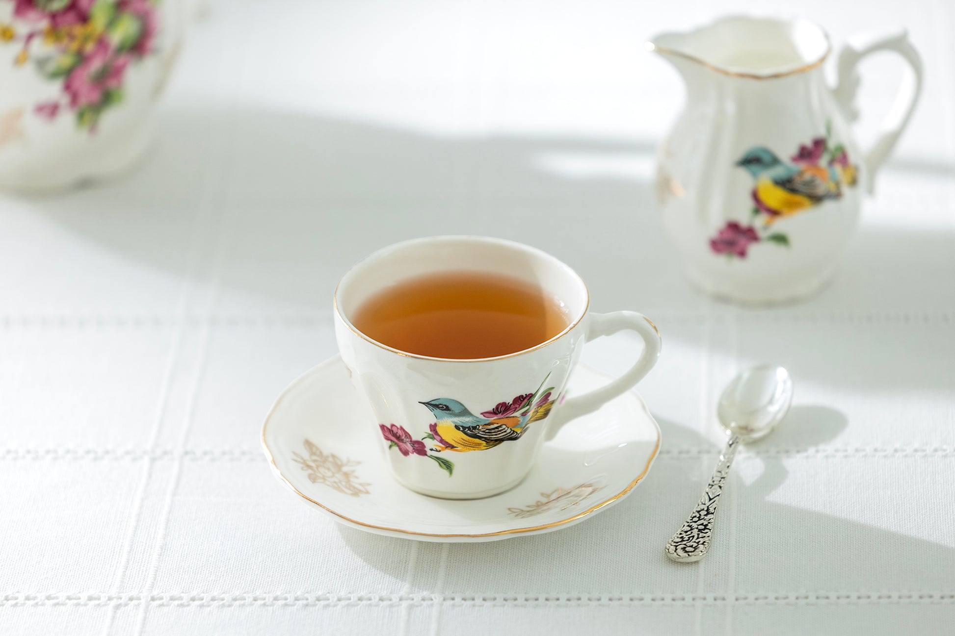 Grace Teaware Spring Flowers with Bird Fine Porcelain Children's Tea Cup and Saucer