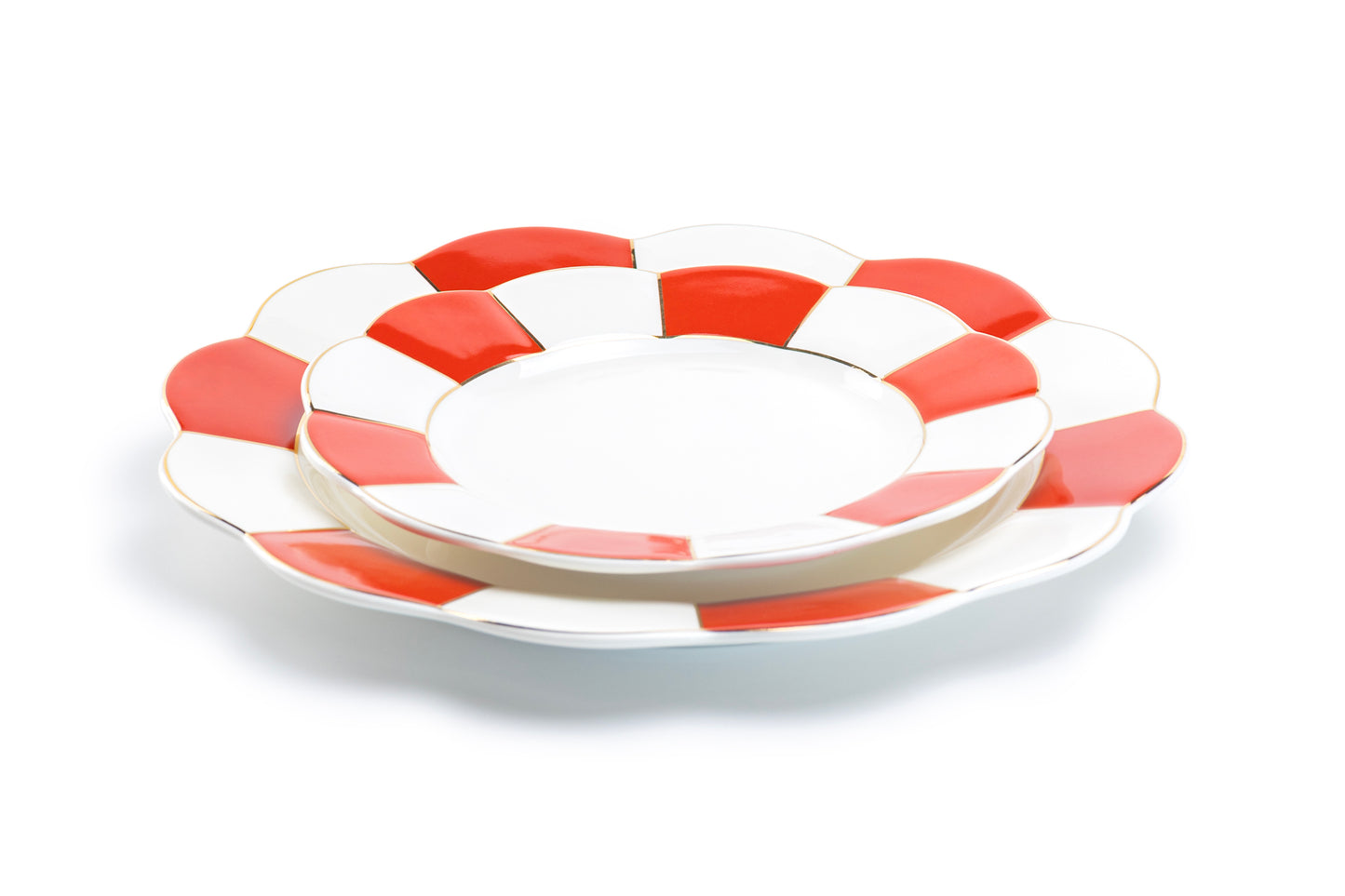 Grace Teaware Red Gold Scallop Fine Porcelain Dessert / Dinner Plate set