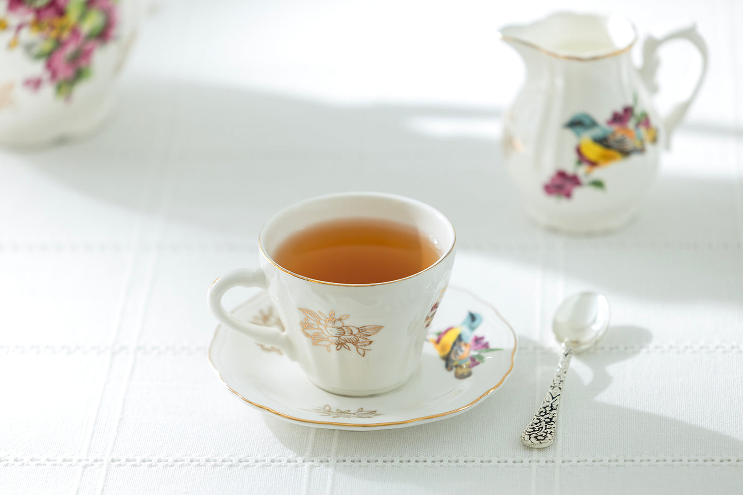 Grace Teaware Spring Flowers with Bird Fine Porcelain Children's Tea Cup and Saucer