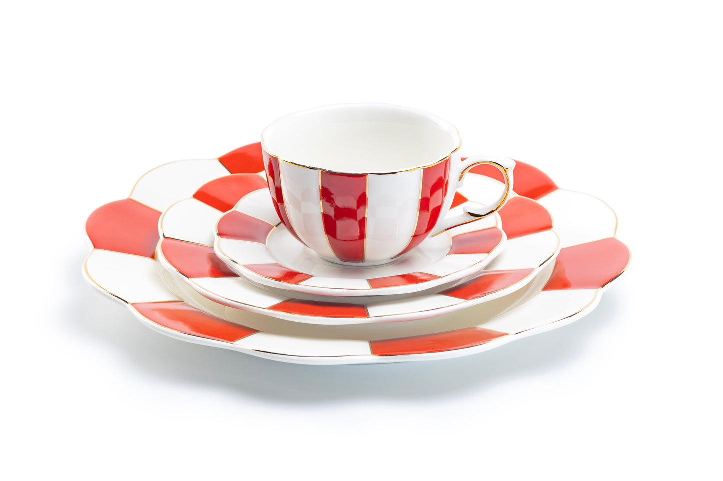 Red and White Scallop Fine Porcelain Tea Cup and Saucer