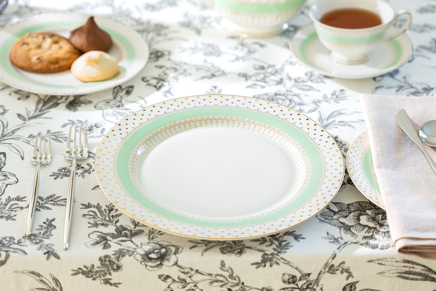 Mint Green Stripe with Gold Dots Fine Porcelain Dessert/Dinner Plate