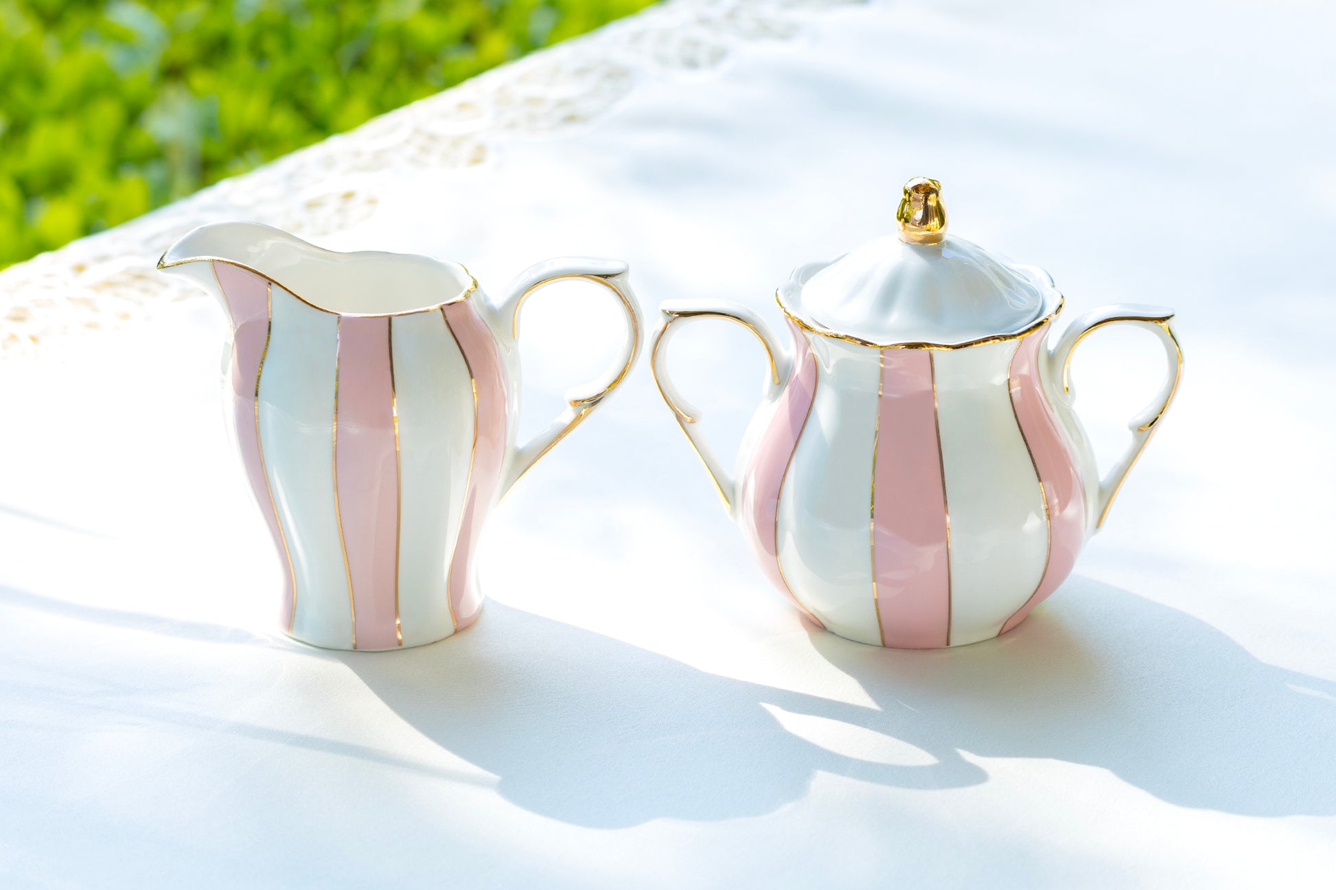 Grace Teaware Pink and White Scallop Fine Porcelain sugar bowl and creamer