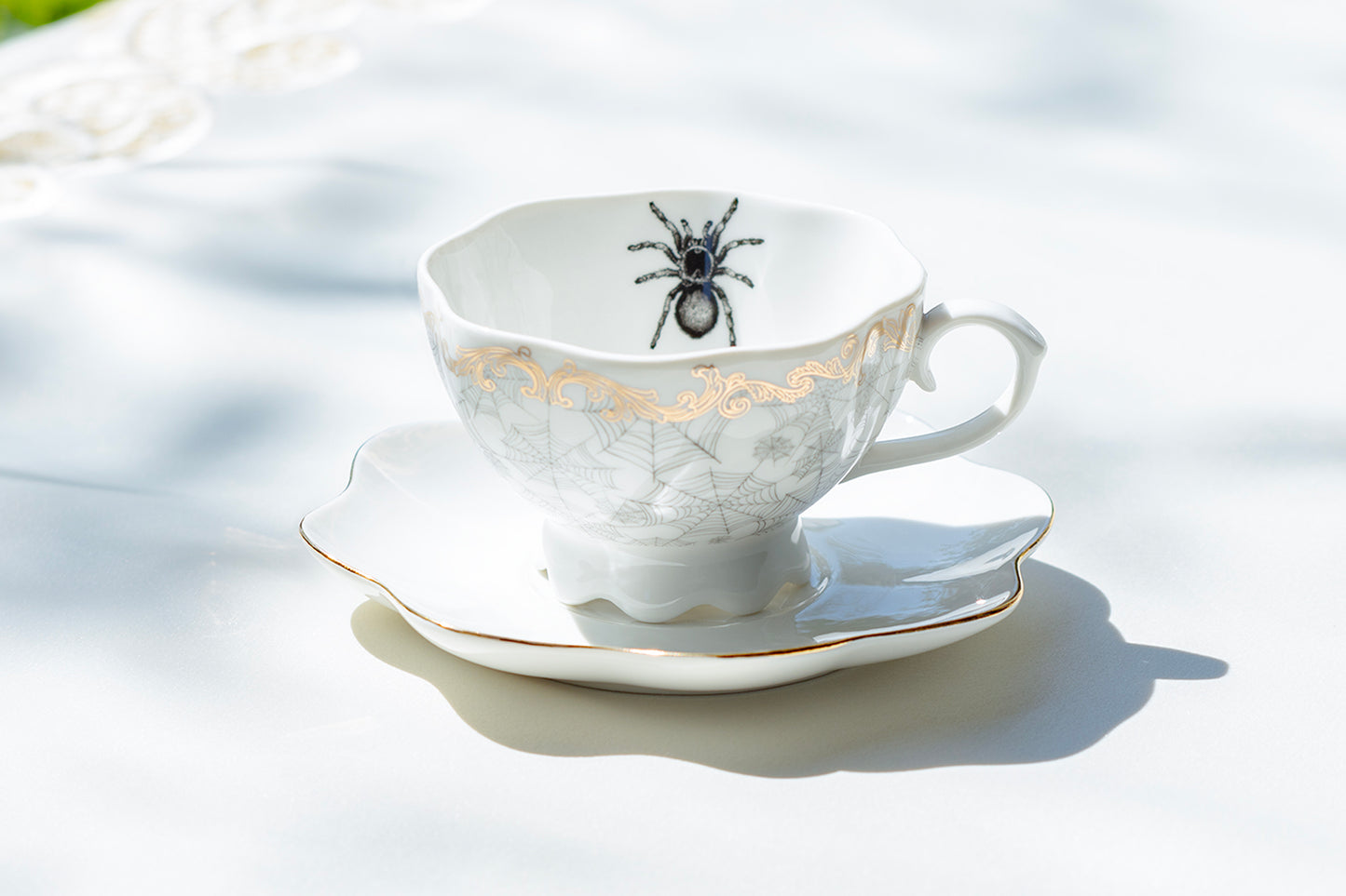 Grace Teaware Halloween Spider Web White Gold Scallop Fine Porcelain Tea Cup and Saucer set of 1