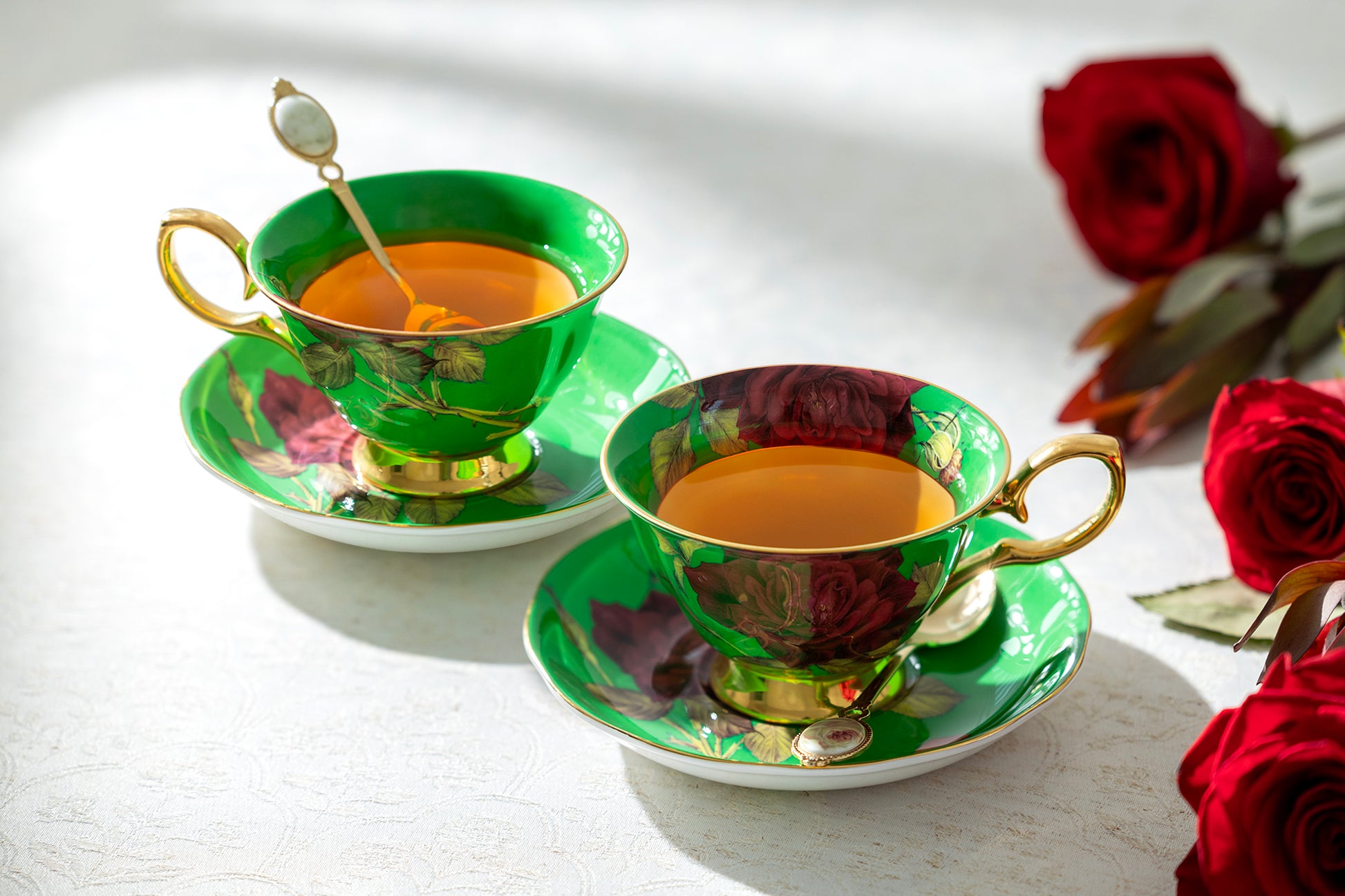gold plant saucer Gold Green Stem Rose Bone China Tea Cup and Saucer