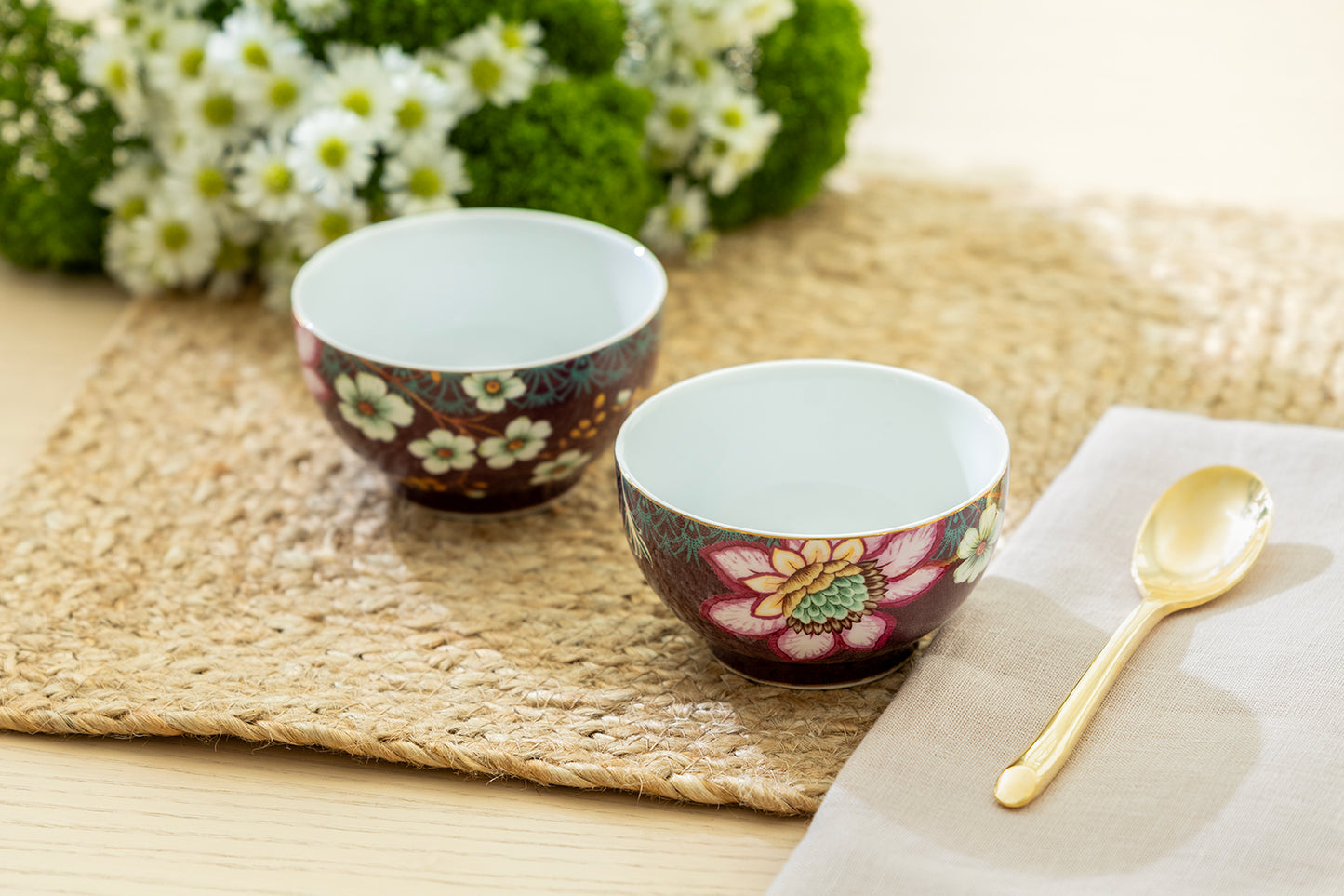 Peacock Lotus Garden Plum Blossom Fine Porcelain Tidbit Bowls Set of 2