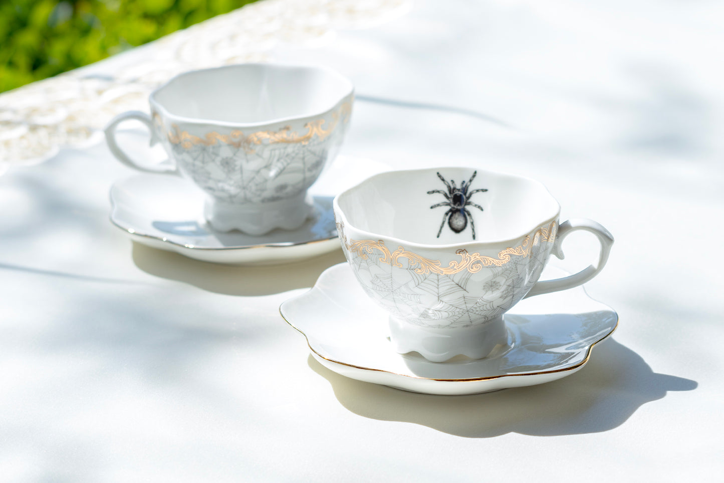 Grace Teaware Halloween Spider Web White Gold Scallop Fine Porcelain Tea Cup and Saucer set of 2