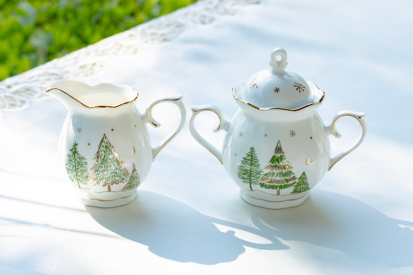 Grace Teaware Holiday Christmas Pine Trees Fine Porcelain Sugar & Creamer Set