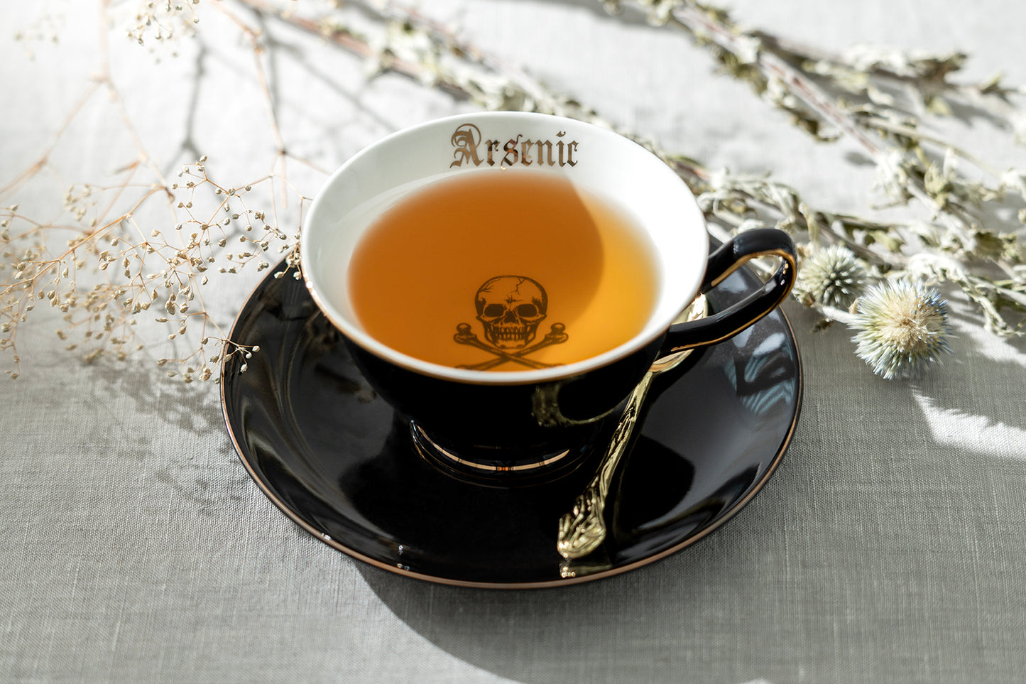 Witches Brew Pitcher + 4 Assorted Halloween Tea Cup and Saucer Sets - Arsenic Skull & Spider