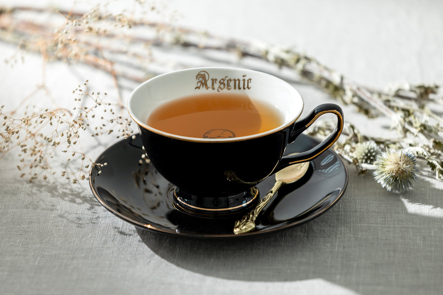 Black Gold Scallop Teapot + 4 Arsenic Skull Tea Cup and Saucer Sets