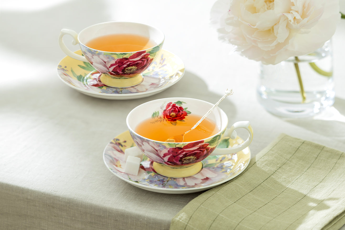 Red Peony Yellow Bone China Cup and Saucer