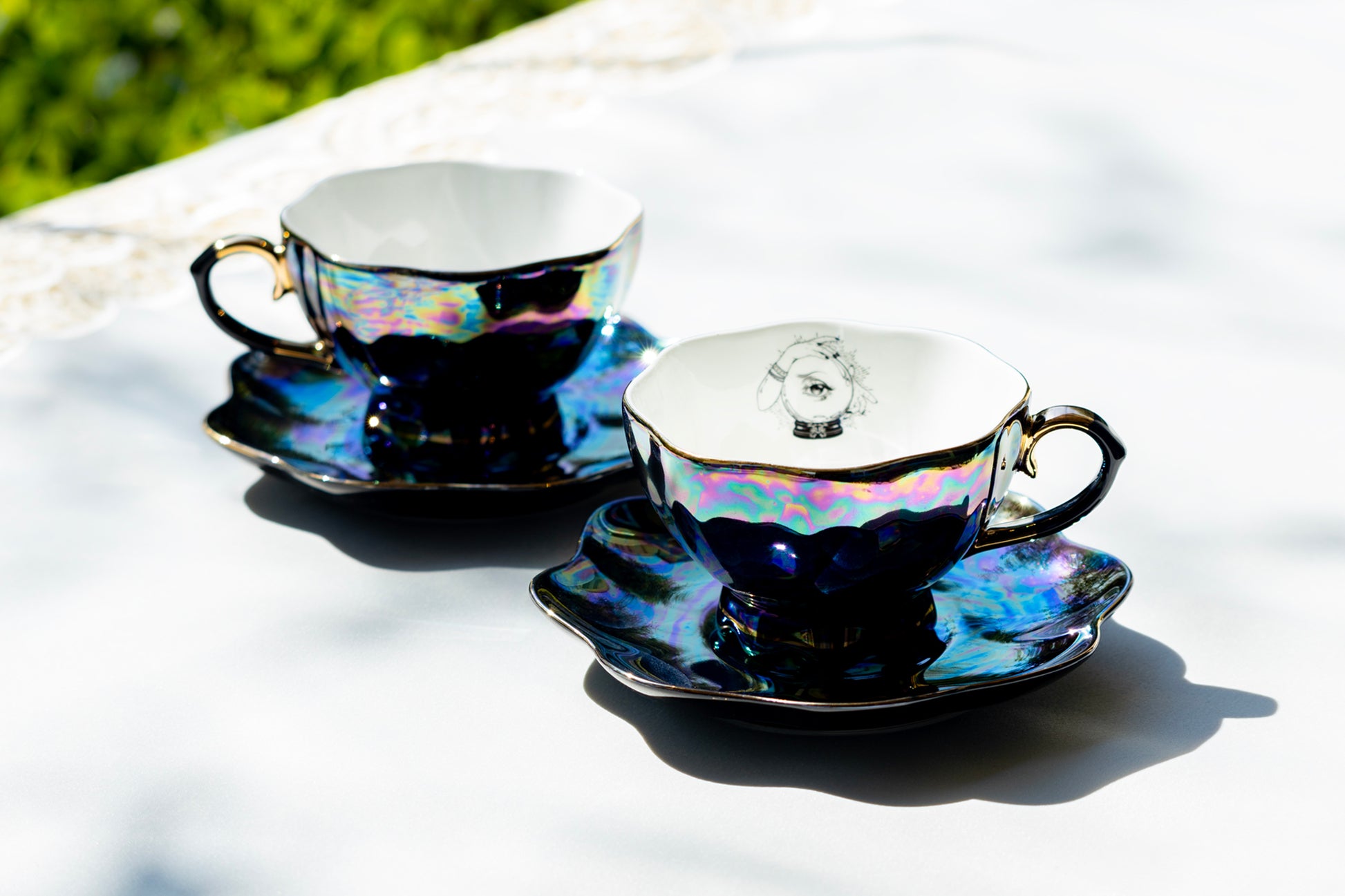 Grace Teaware Witchy Crystal Ball Black Gold Luster Tea Cup and Saucer set of 2