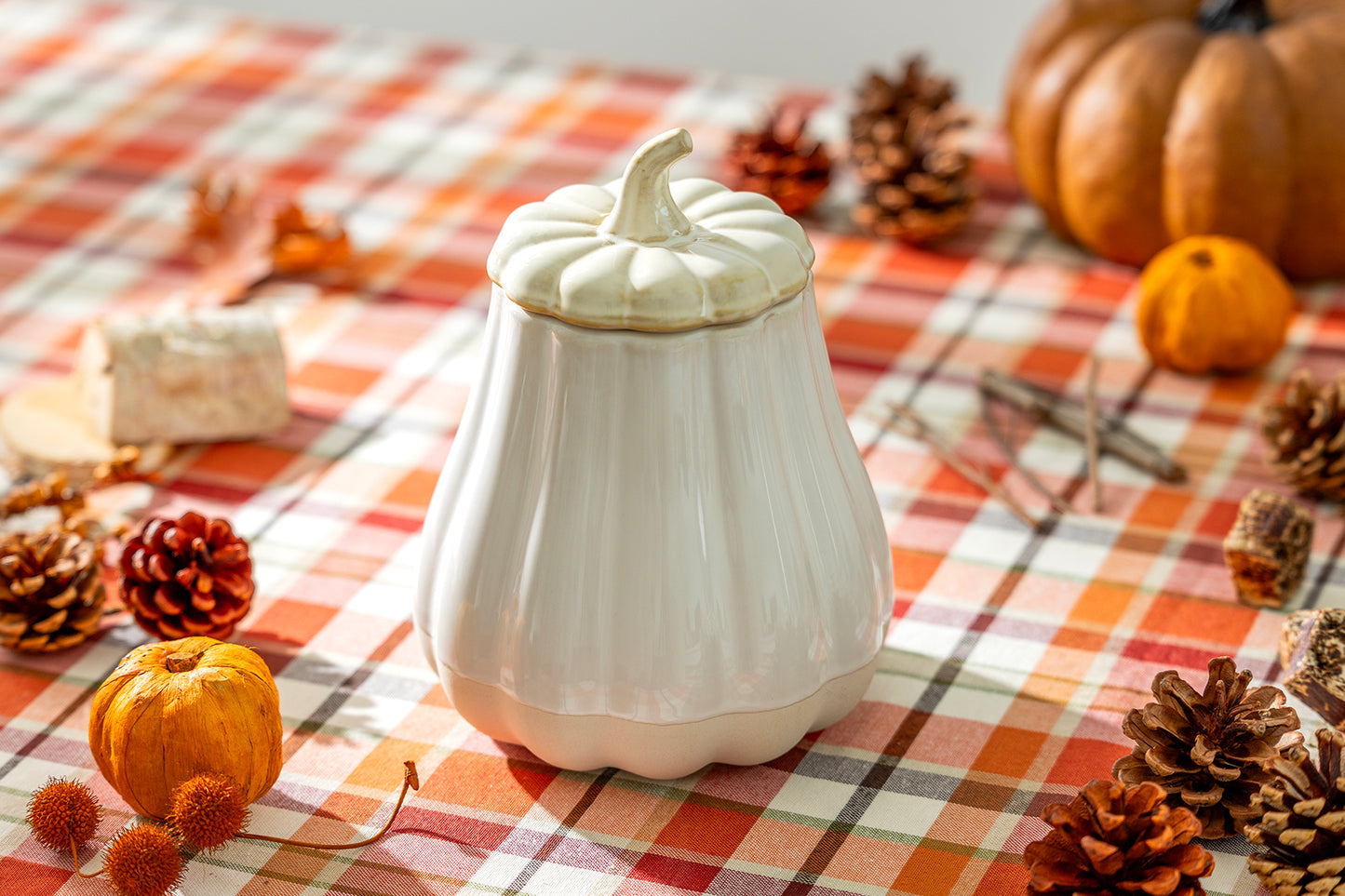 White Pumpkin Figural Reactive Glaze Jar with Silicone Seal Lid