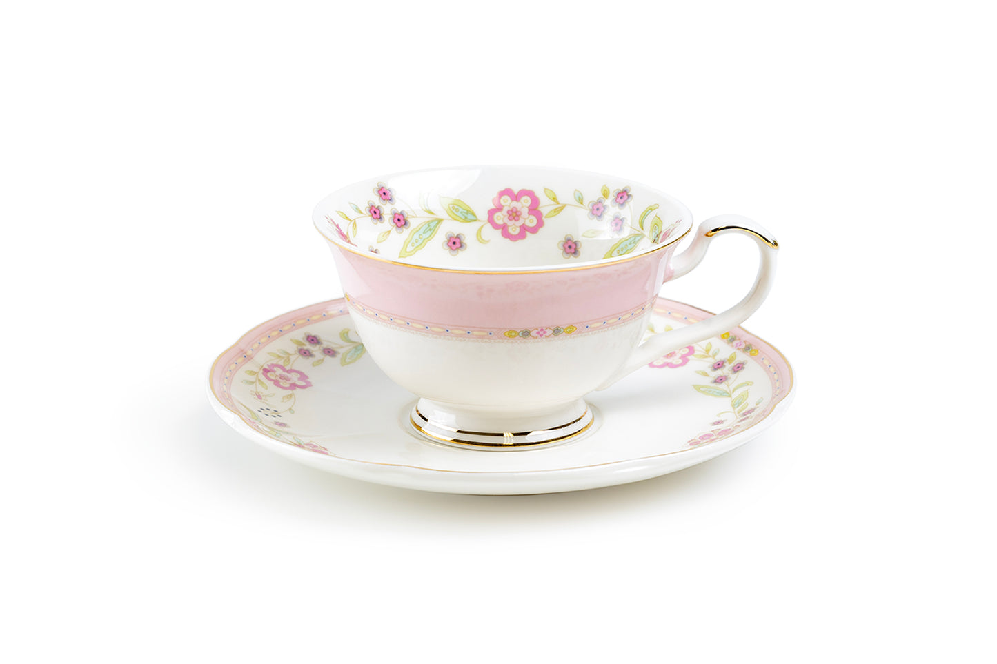 Pink Corn Flowers with Pink Rim Fine Porcelain Tea Cup and Saucer