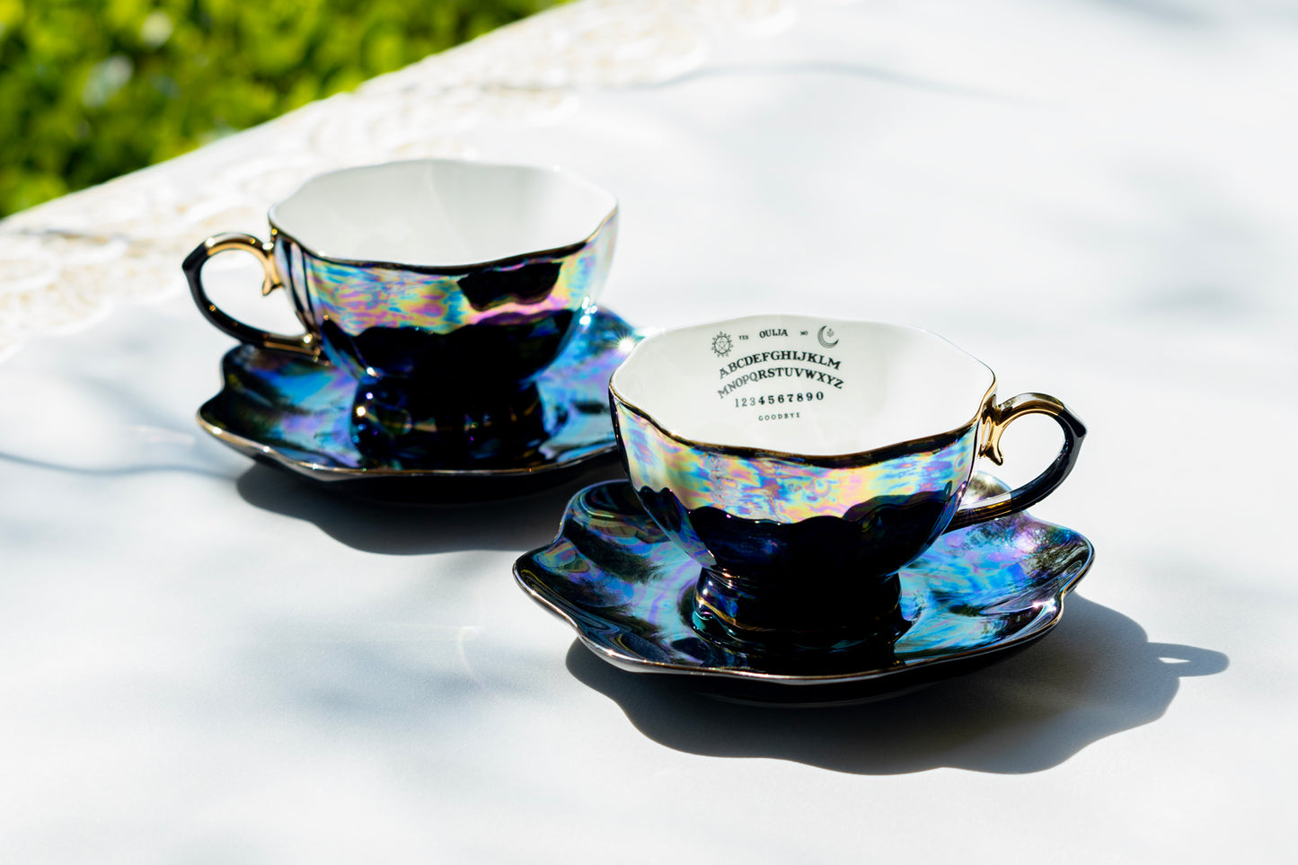 Grace Teaware Ouija Board Black Gold Luster Fine Porcelain Tea Cup and Saucer set of 2
