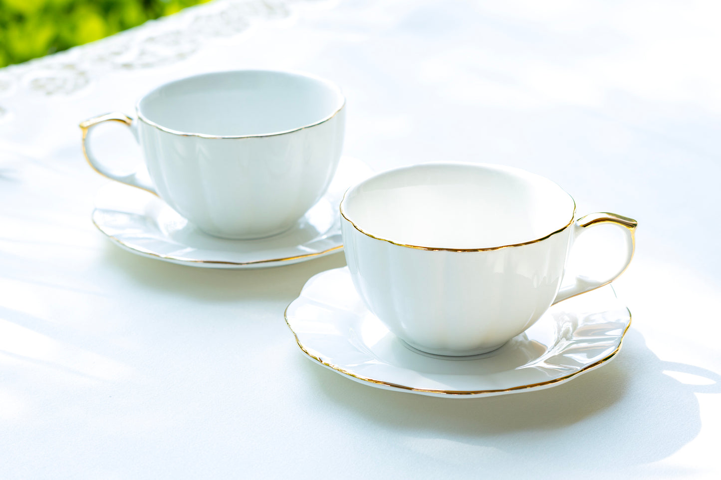Grace Teaware White Gold Scallop Fine Porcelain Tea / Latte Cup and Saucer set of 2