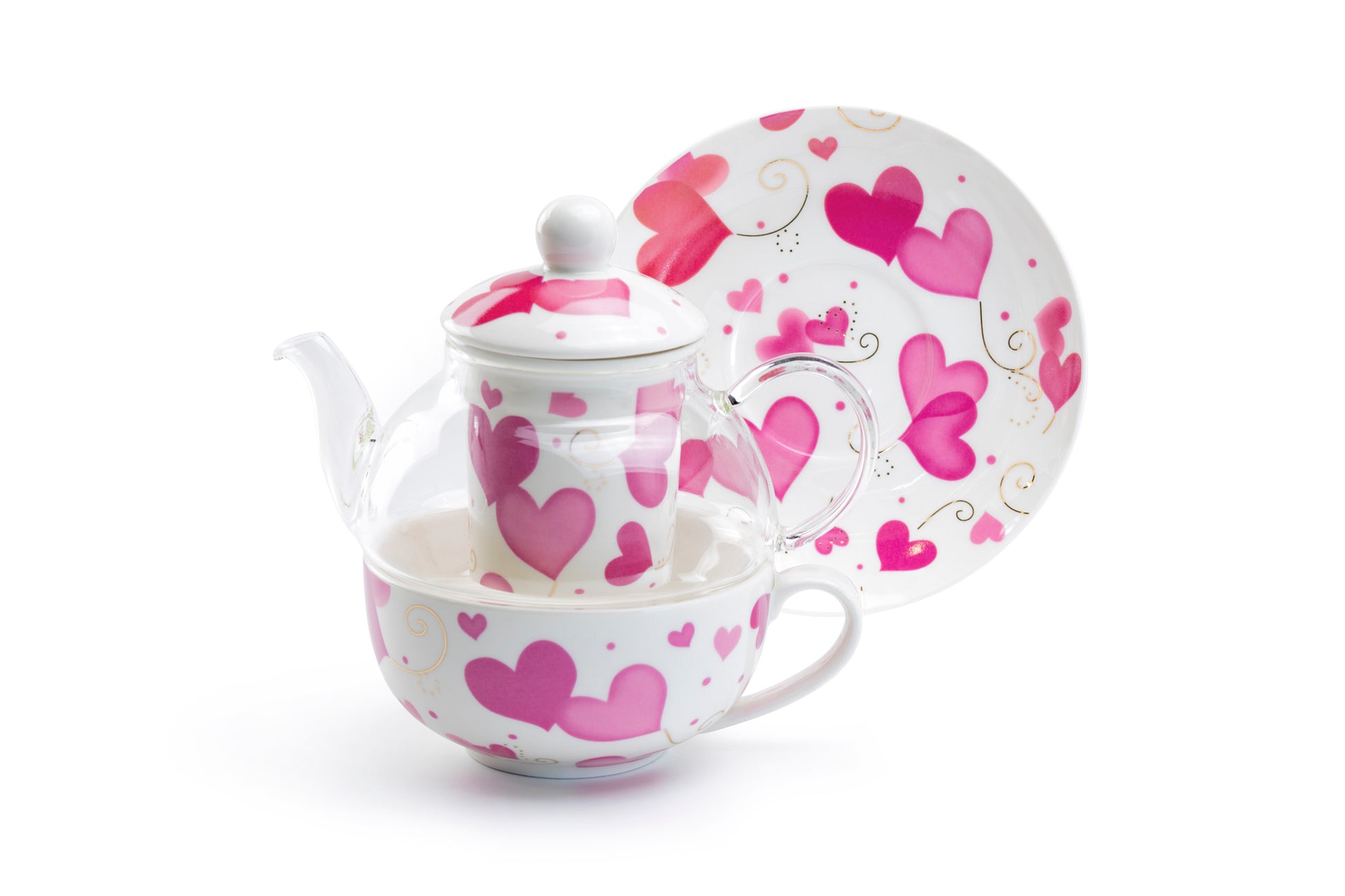 Grace Teaware Pink Hearts Glass Fine Porcelain Tea For One Set