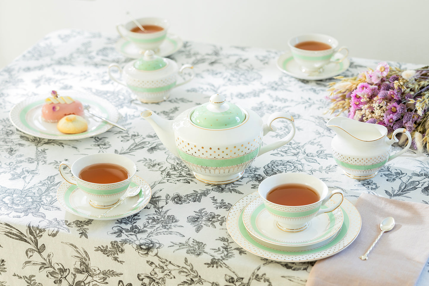 Mint Green Stripe with Gold Dots Fine Porcelain Tea Set