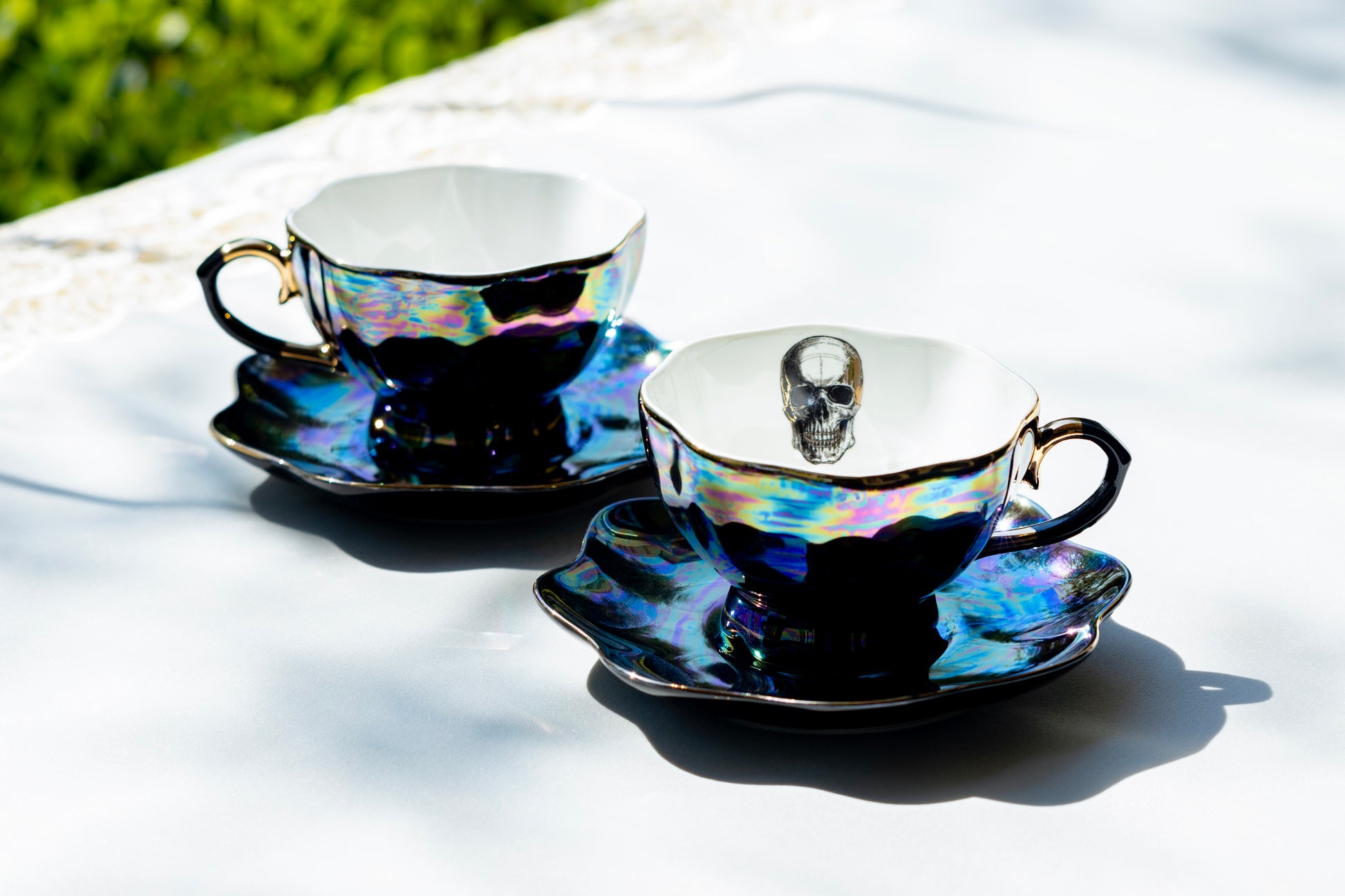 Grace Teaware Skull Black Gold Luster Fine Porcelain Tea Cup and Saucer set of 2