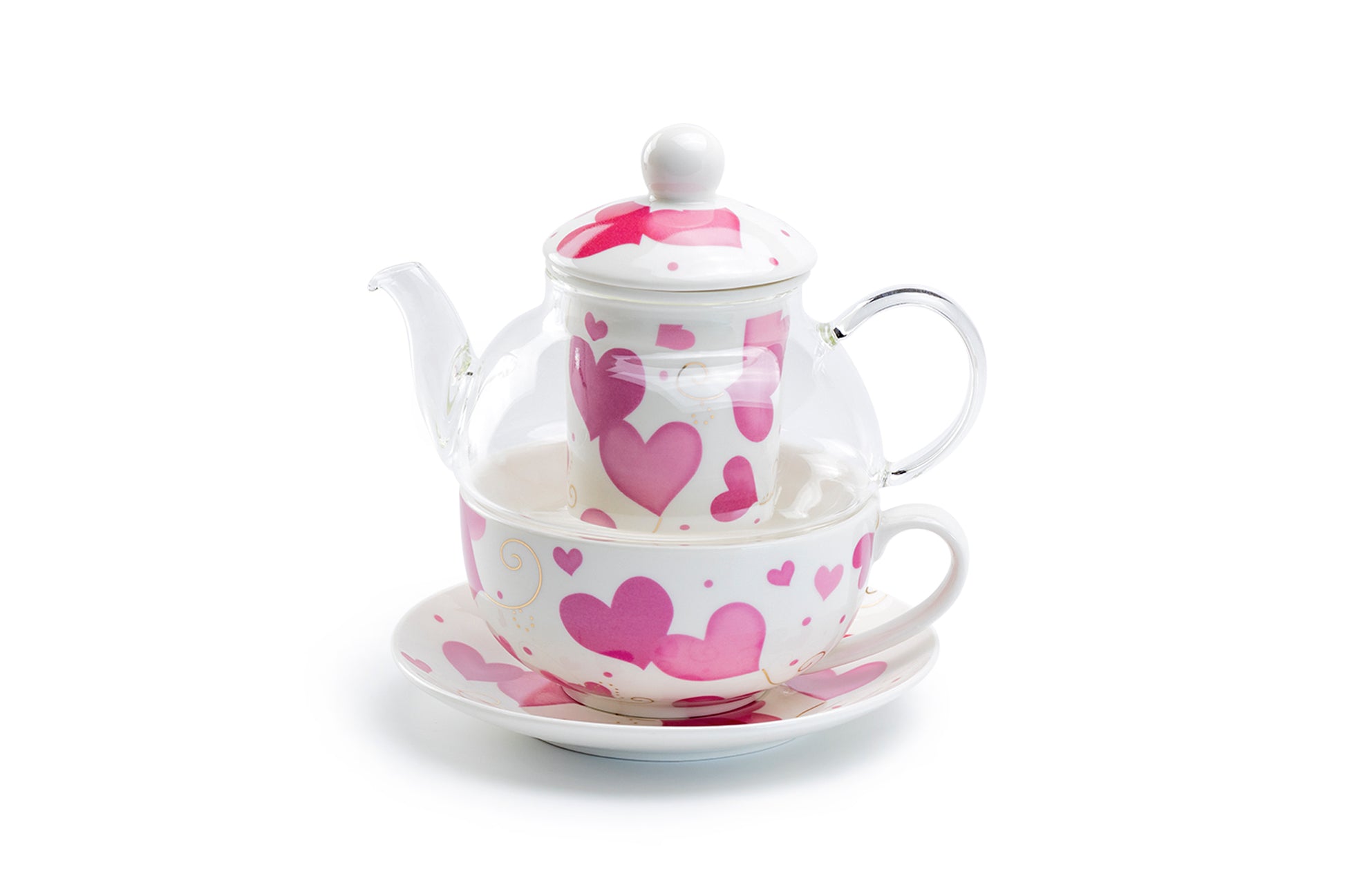 Grace Teaware Pink Hearts Glass Fine Porcelain Tea For One