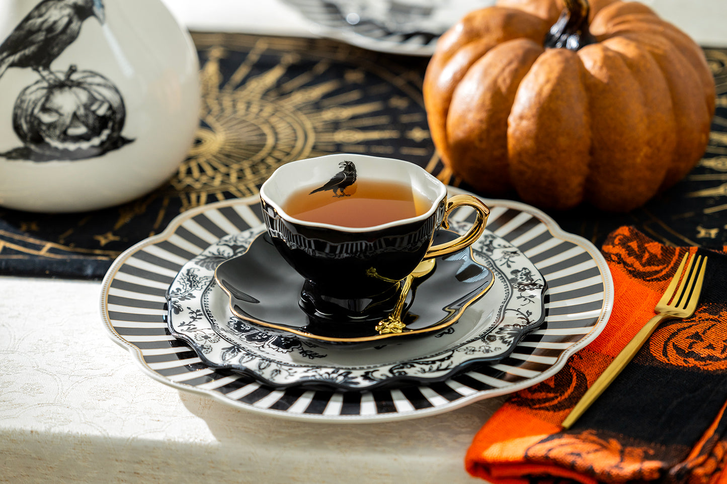 4 Assorted Halloween Tea Cup and Saucer Sets - Raven, Cat, Snake, Spider