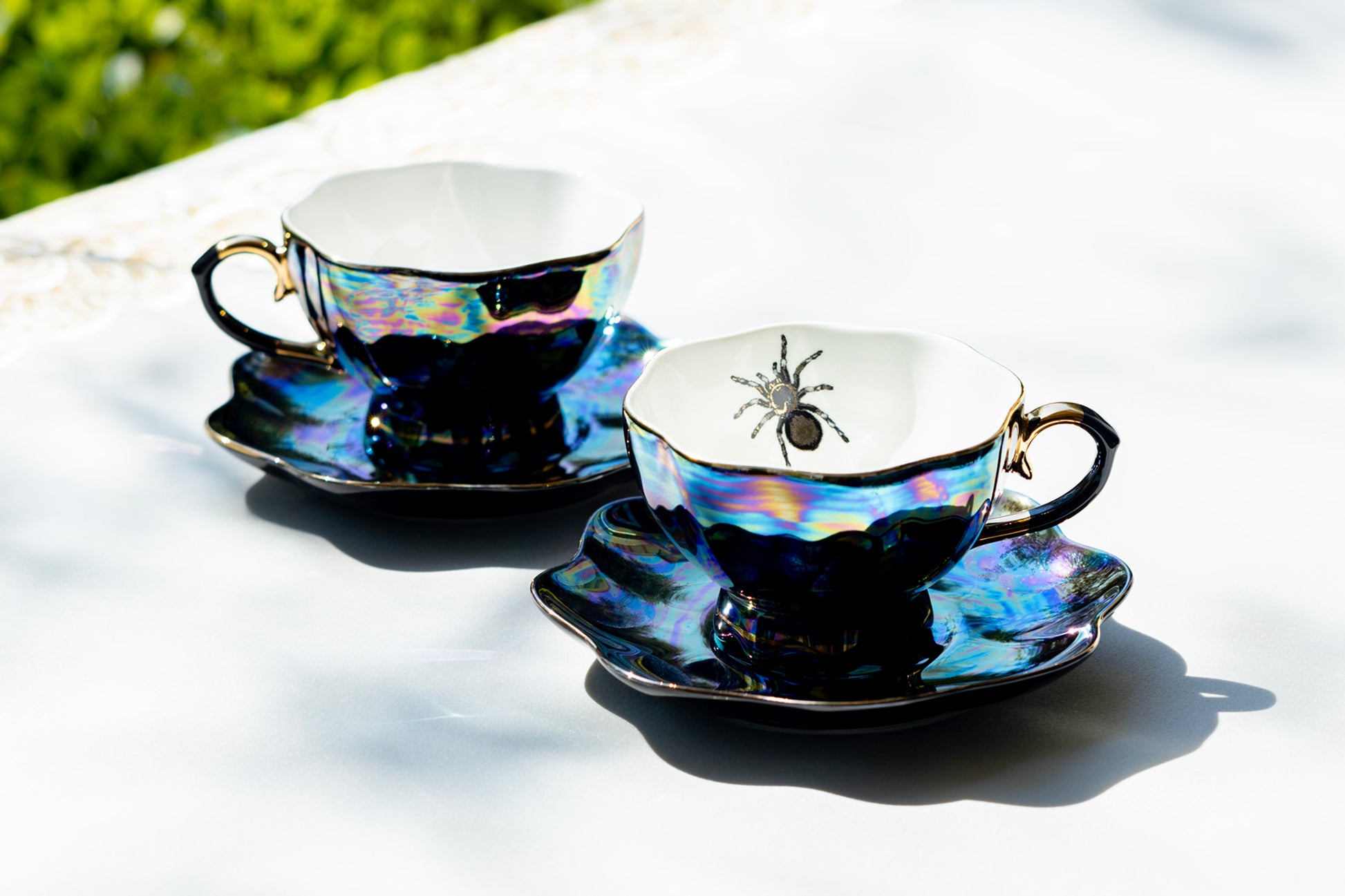 Grace Teaware Spider Black Gold Luster Fine Porcelain Tea Cup and Saucer set of 2
