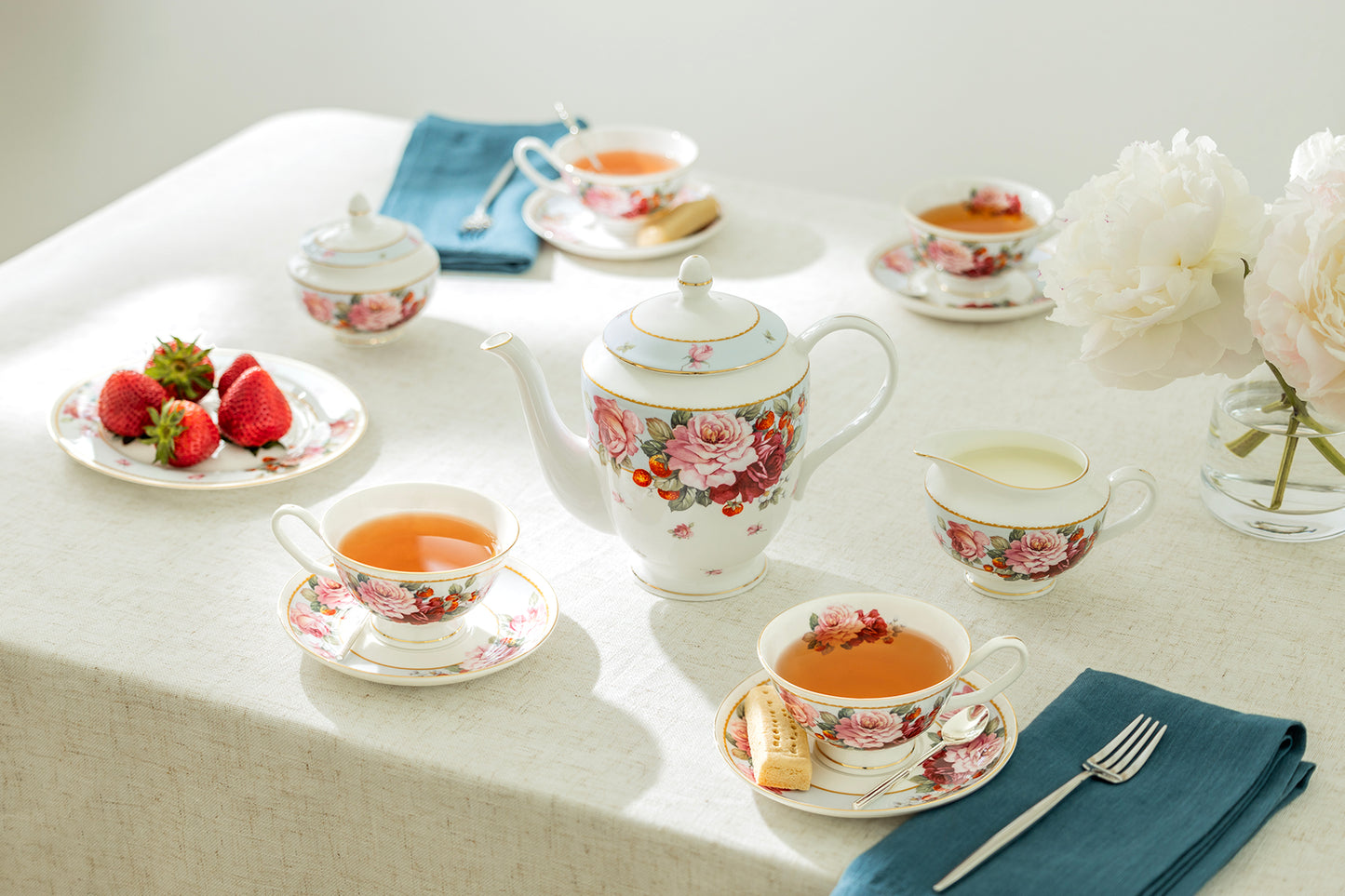 Gracie Bone China Peony and Strawberry Bone China 11-Piece Tea Set