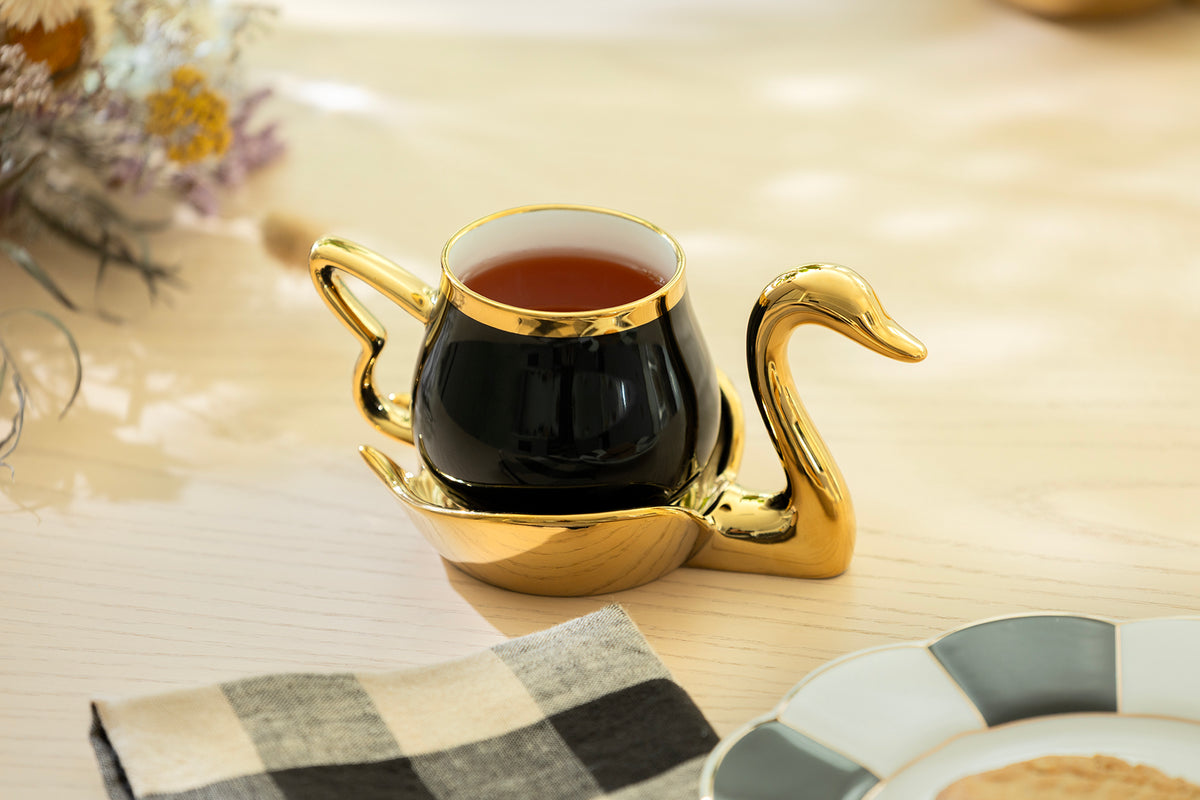 Golden Swan Black Fine Porcelain Tea Cup and Saucer