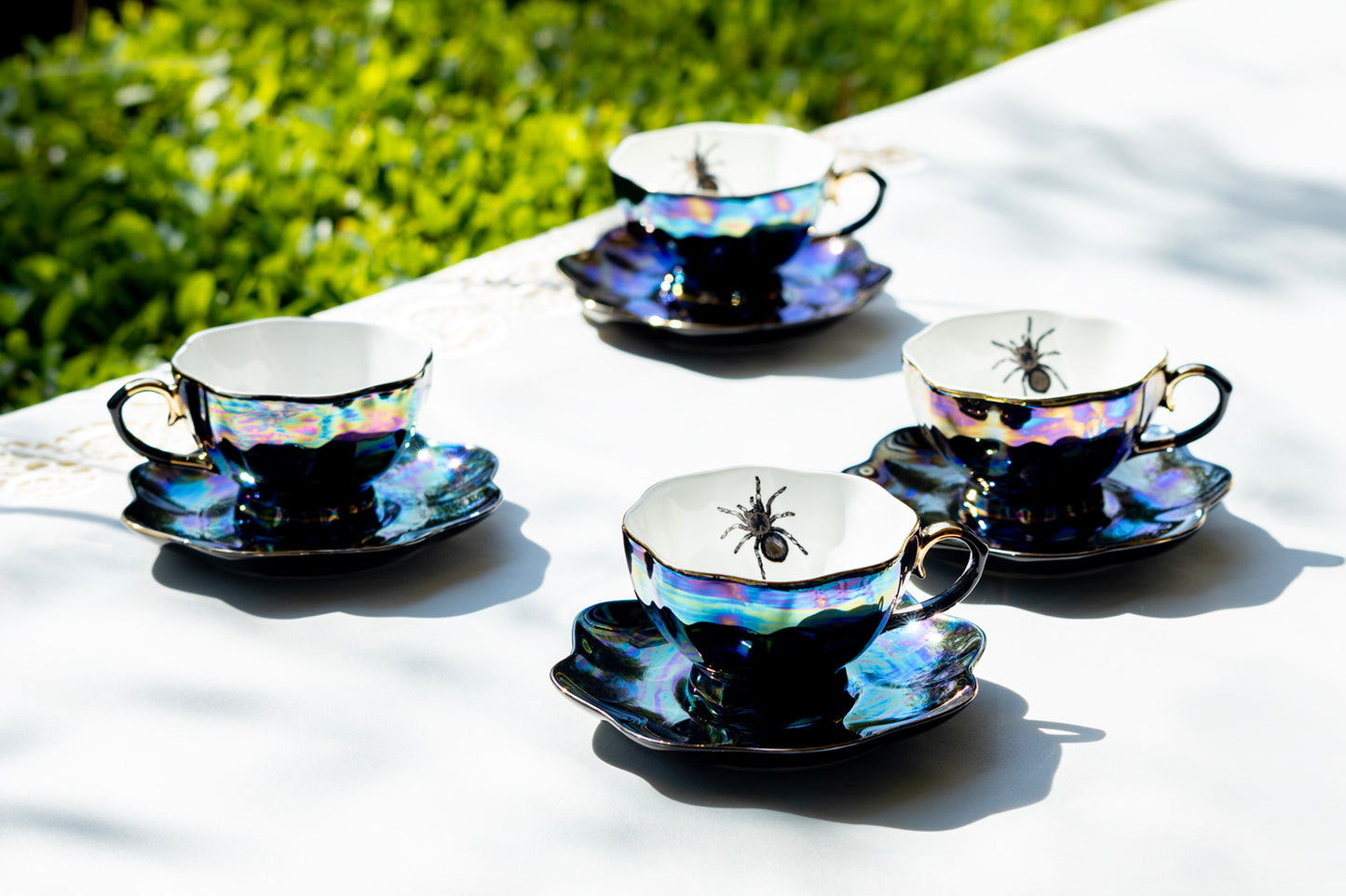 Grace Teaware Spider Black Gold Luster Fine Porcelain Tea Cup and Saucer set of 4