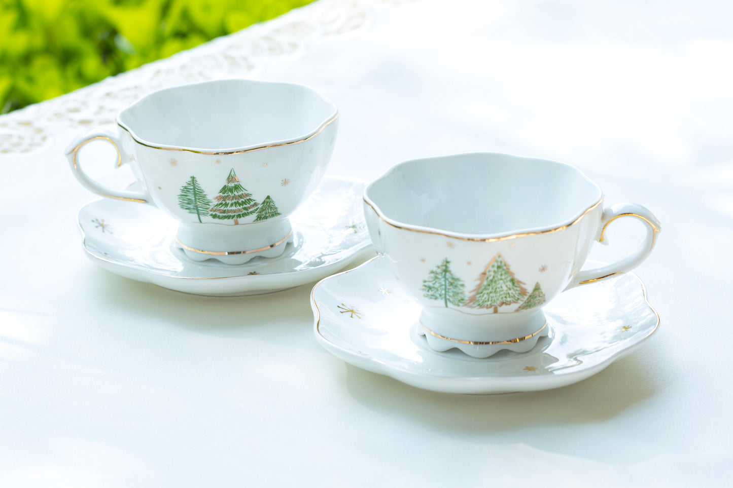 Grace Teaware Christmas Pine Trees Fine Porcelain Tea Cup and Saucer set of 2