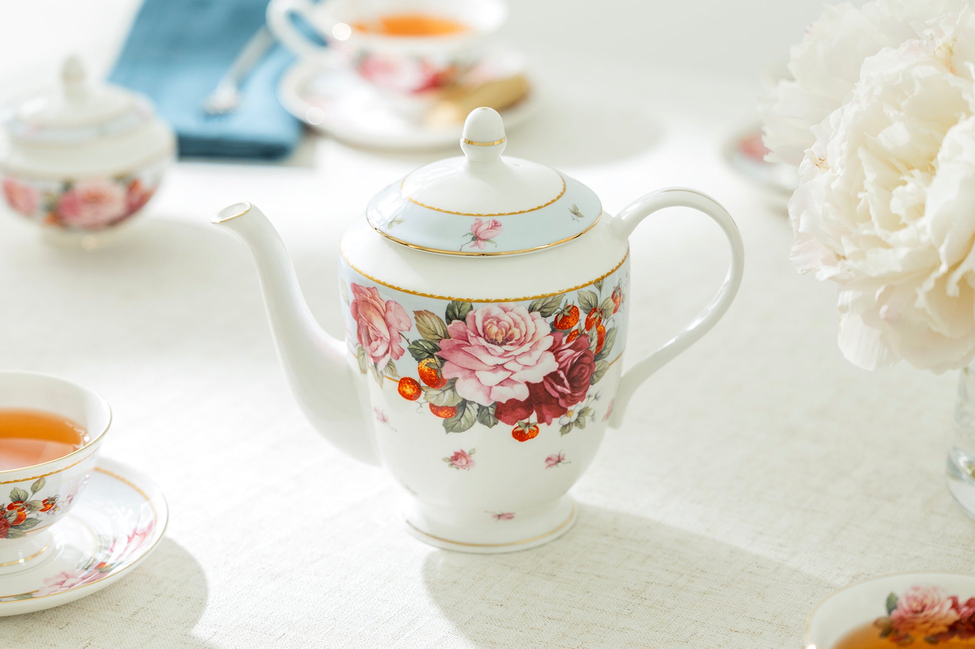 Gracie Bone China Peony and Strawberry Bone China Teapot