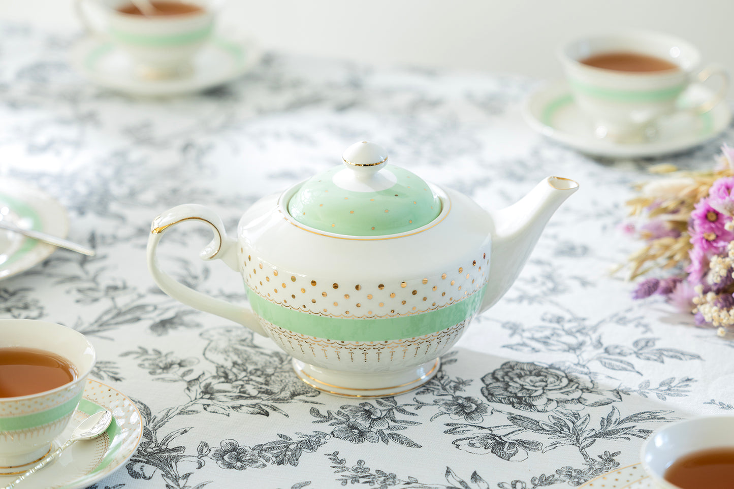 Mint Green Stripe with Gold Dots Fine Porcelain Teapot