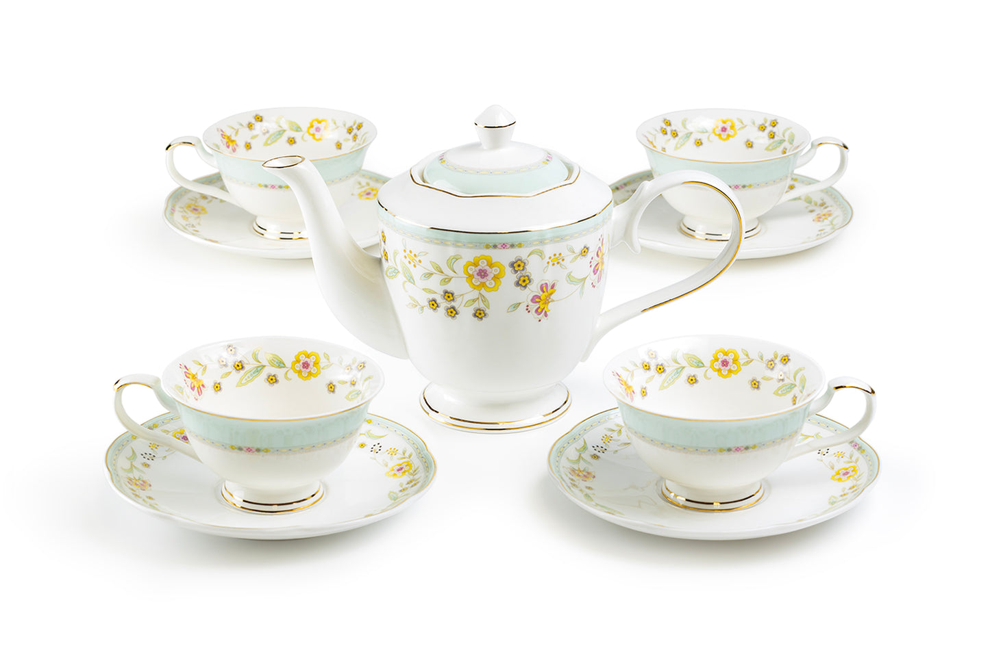 Yellow Corn Flowers with Mint Rim Fine Porcelain Tea Set