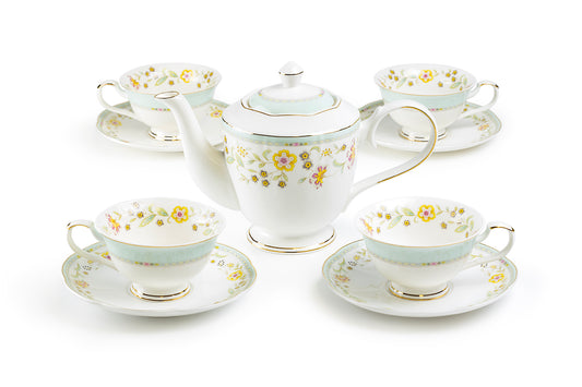 Yellow Corn Flowers with Mint Rim Fine Porcelain Tea Set