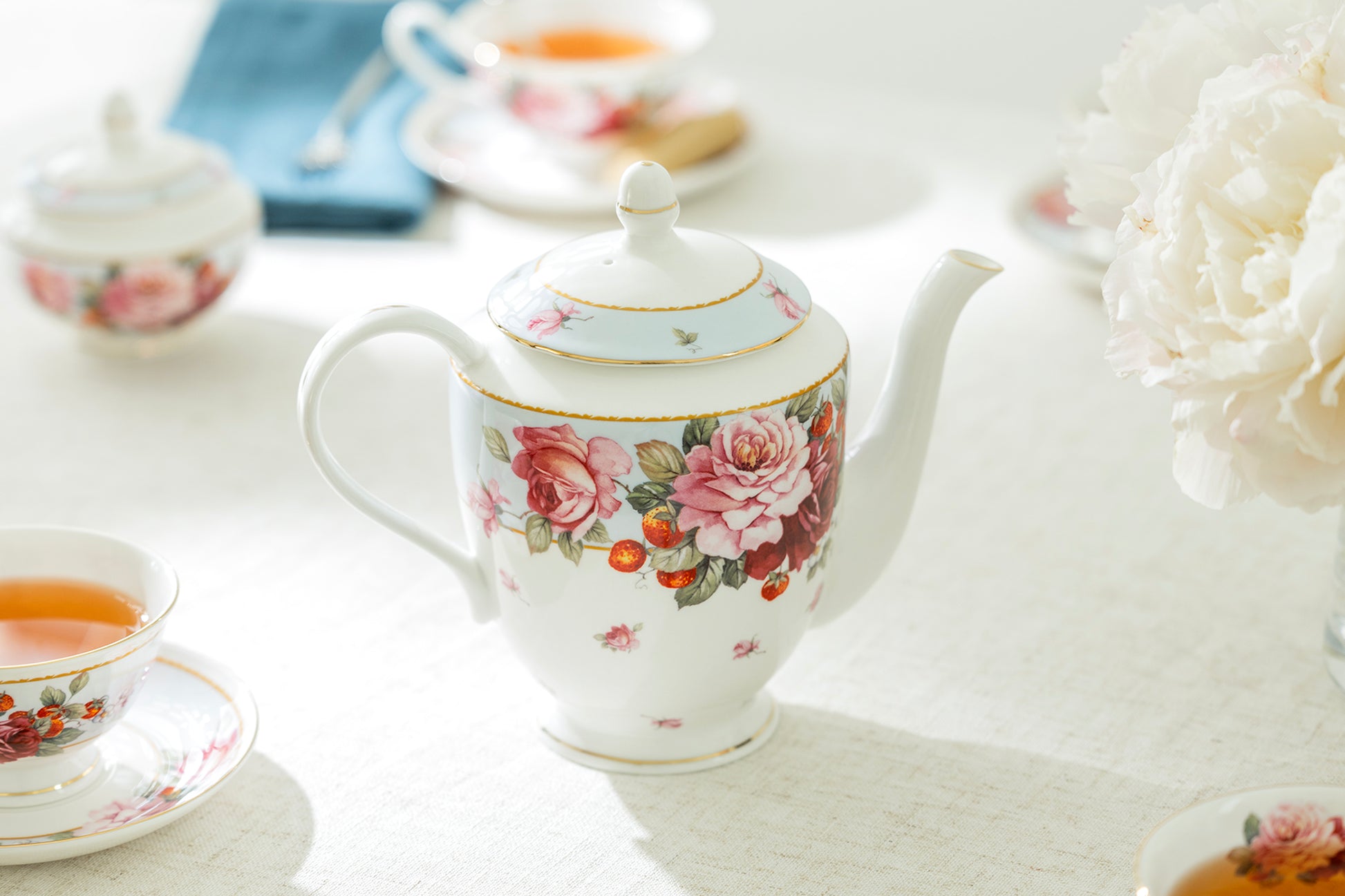 Gracie Bone China Peony and Strawberry Bone China Teapot