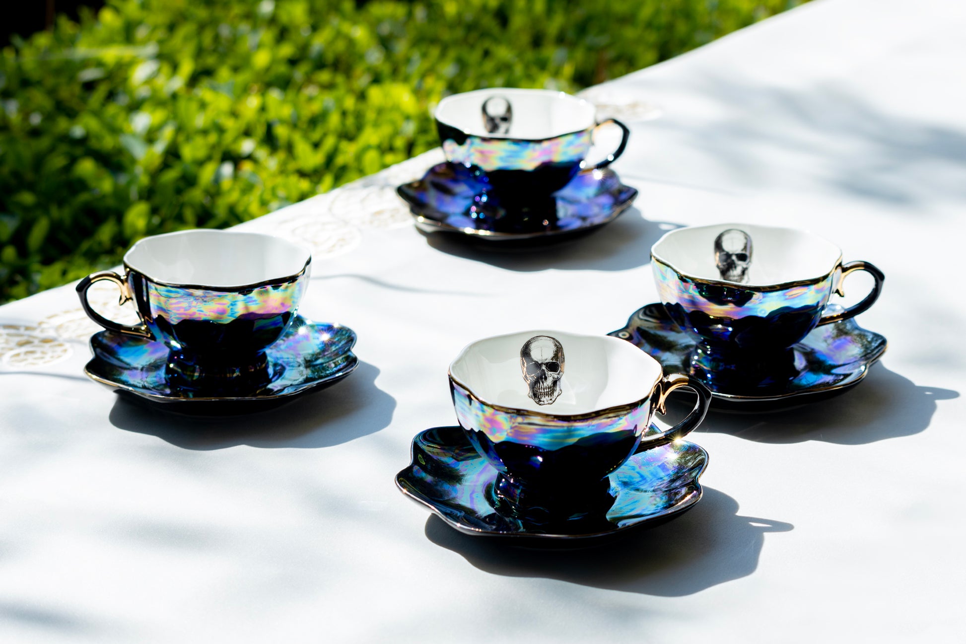 Grace Teaware Skull Black Gold Luster Fine Porcelain Tea Cup and Saucer set of 4