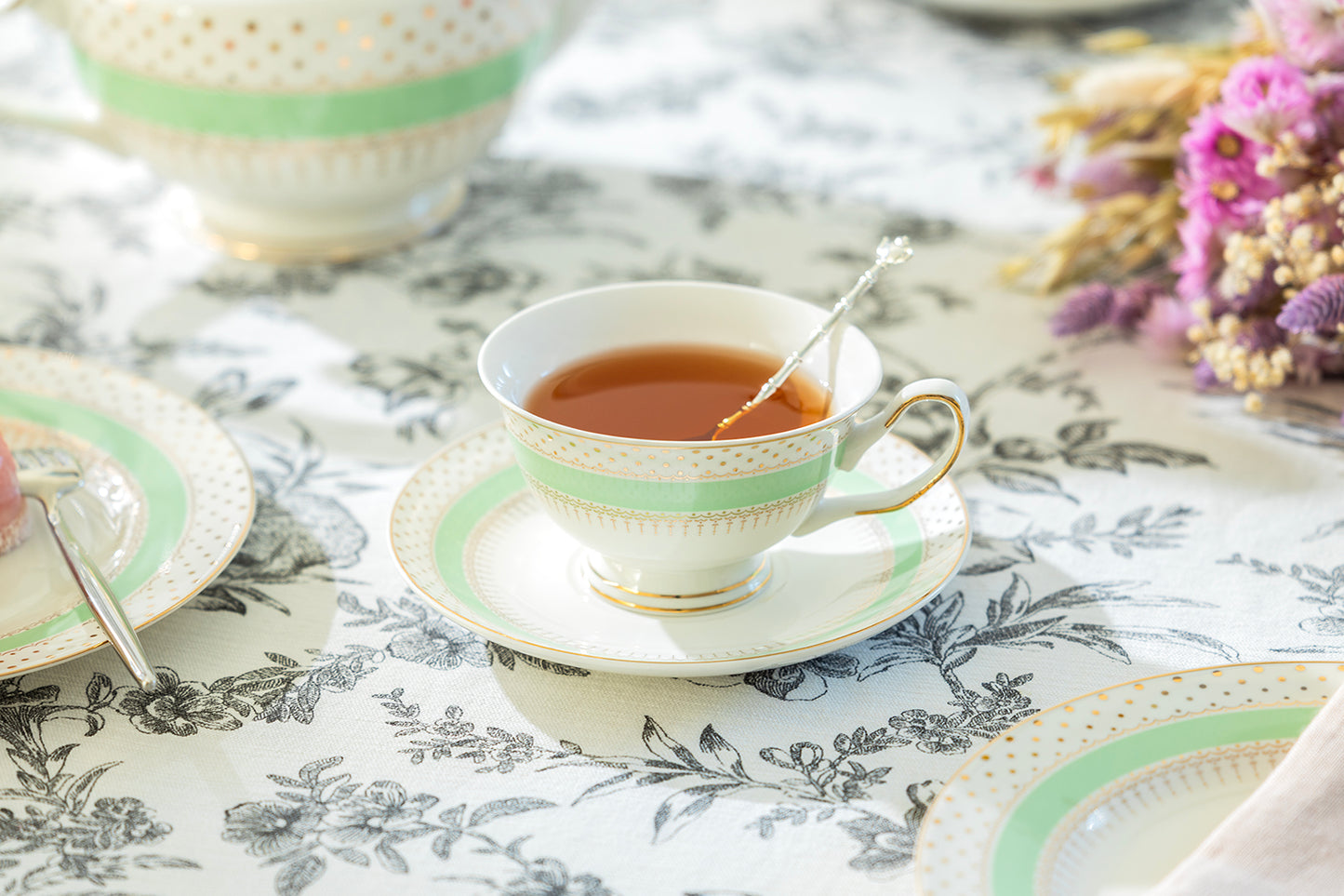 Mint Green Stripe with Gold Dots Fine Porcelain Tea Set