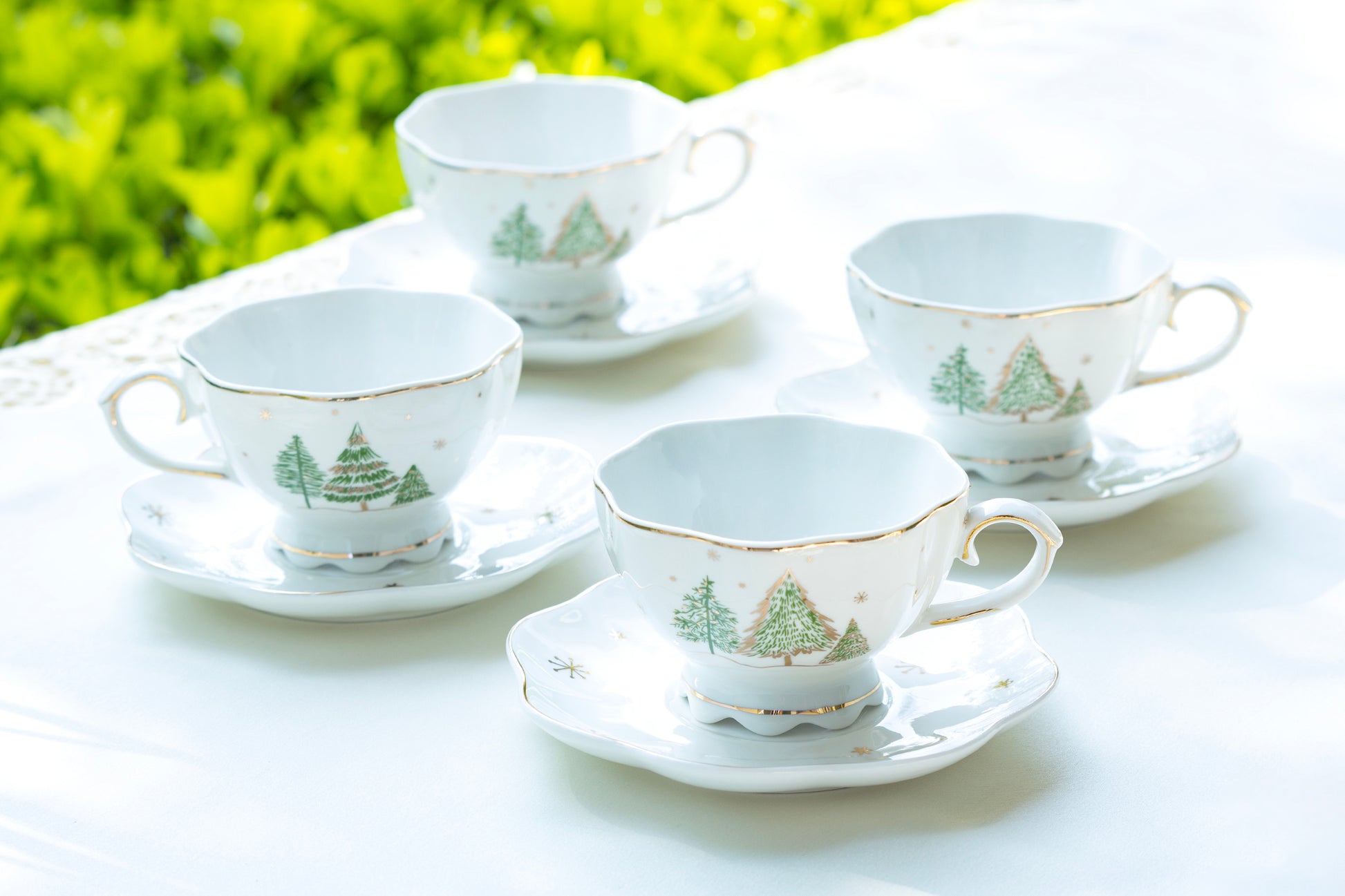 Grace Teaware Christmas Pine Trees Fine Porcelain Tea Cup and Saucer set of 4