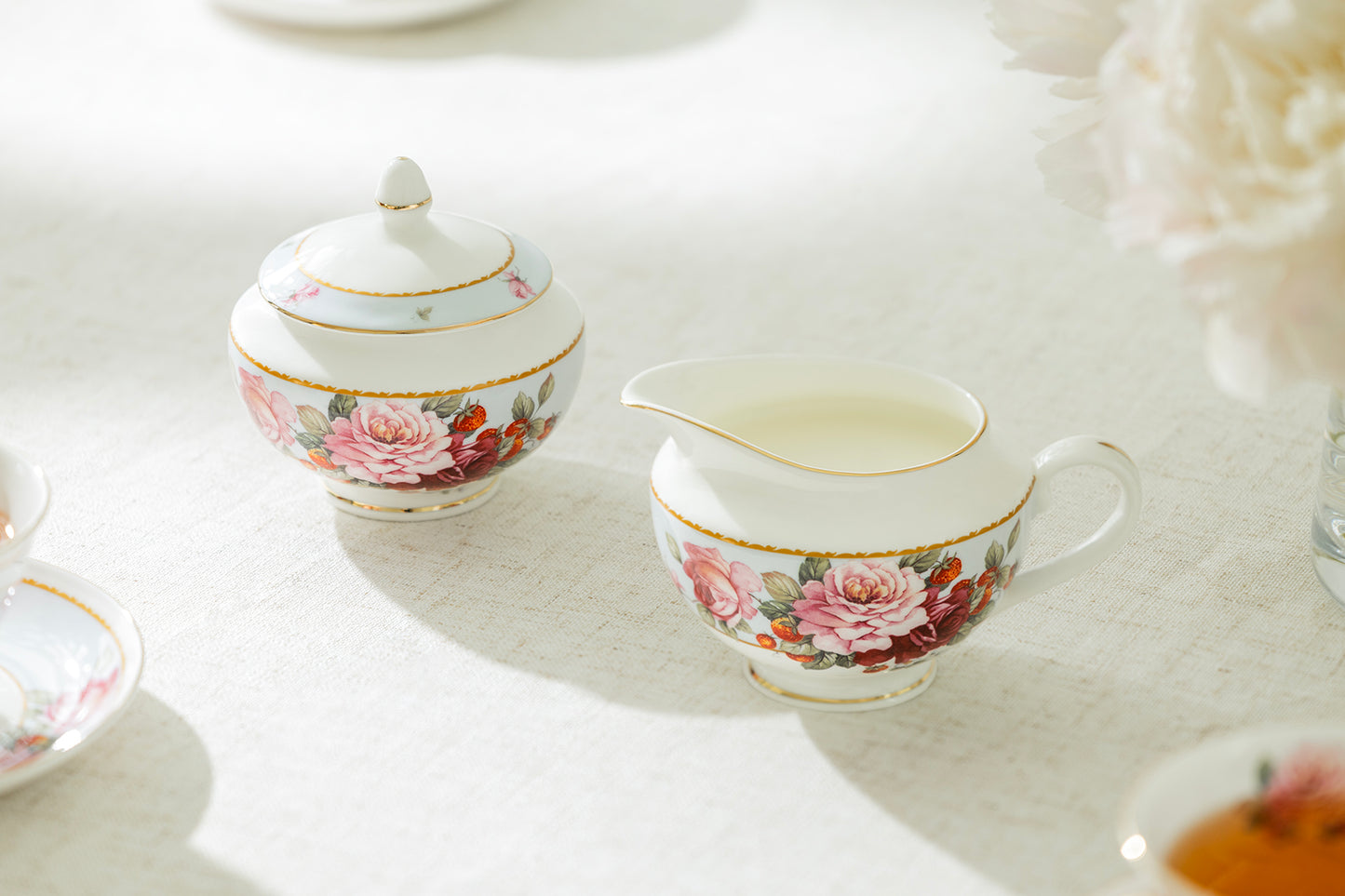 Gracie Bone China Peony and Strawberry Bone China Sugar & Creamer Set